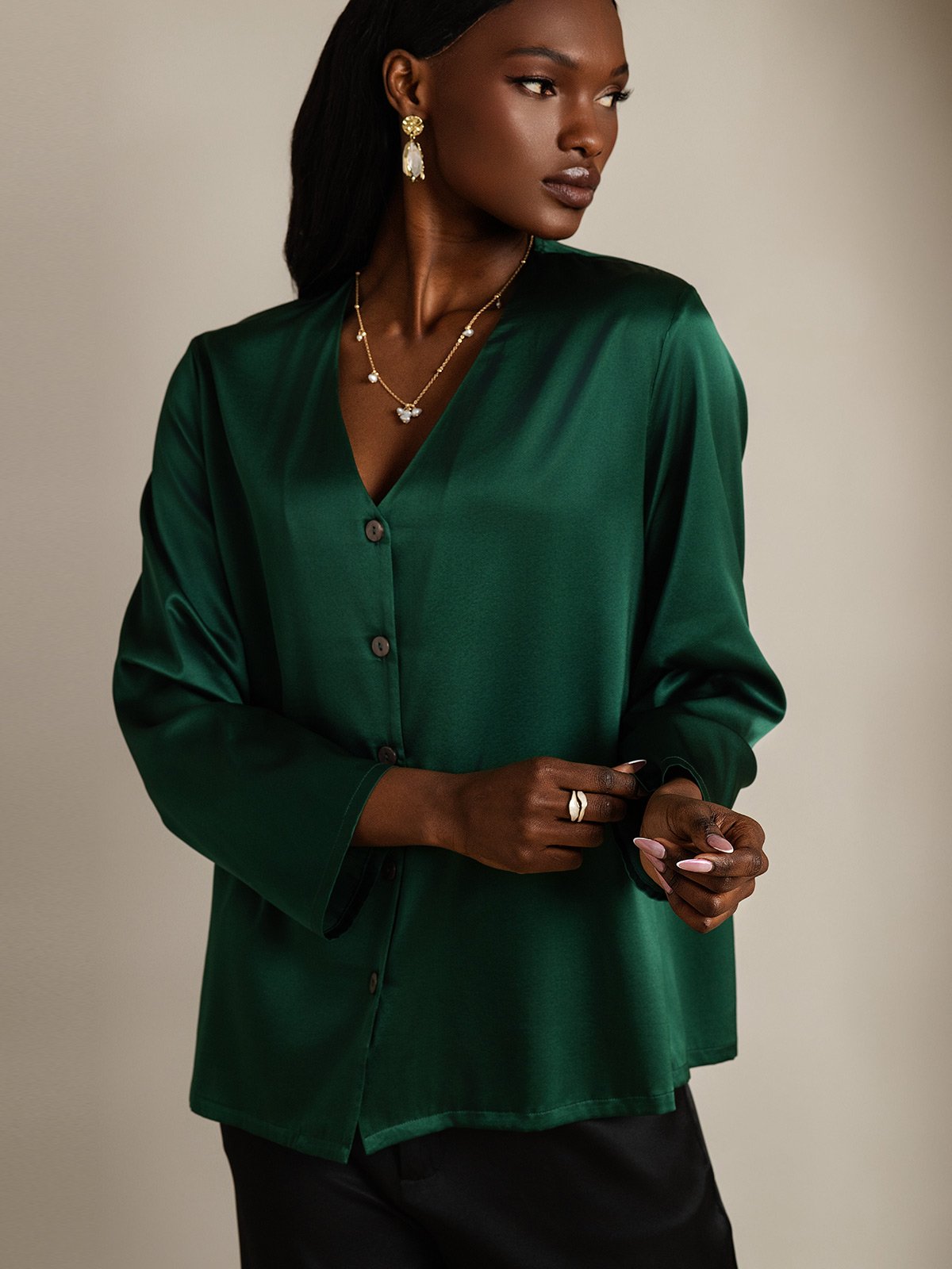 [Dark Green] SilkSilky-UK 19Momme Silk V Neck Women's Shirt 004