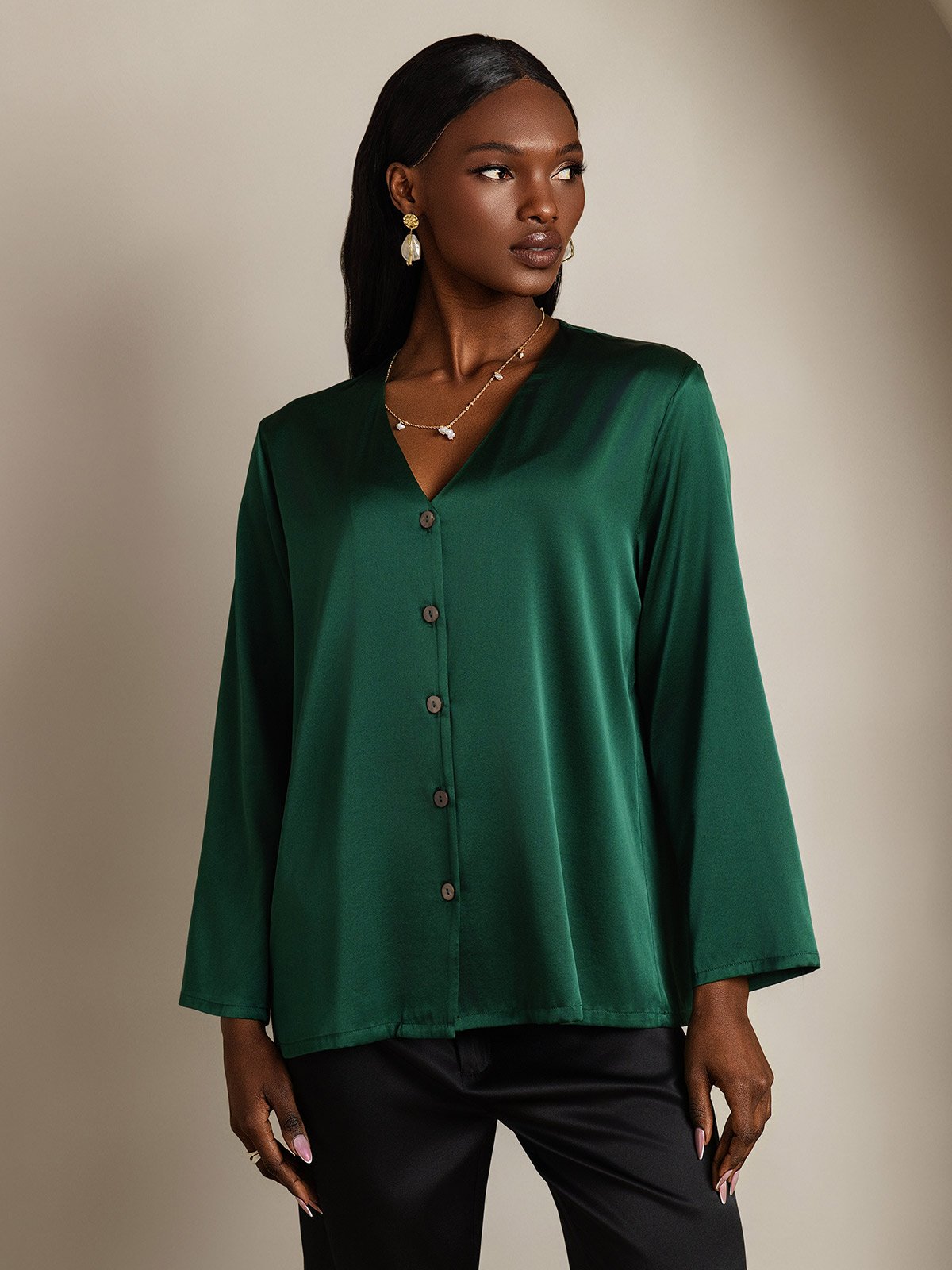 [Dark Green] SilkSilky-UK 19Momme Silk V Neck Women's Shirt 005