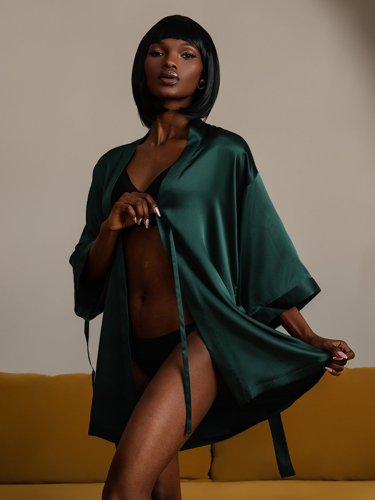 [Dark Green] SilkSilky-UK Pure Silk Half Sleeve Womens Robe 001