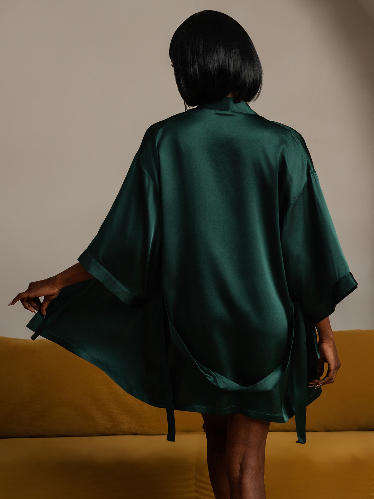 [Dark Green] SilkSilky-UK Pure Silk Half Sleeve Womens Robe 002