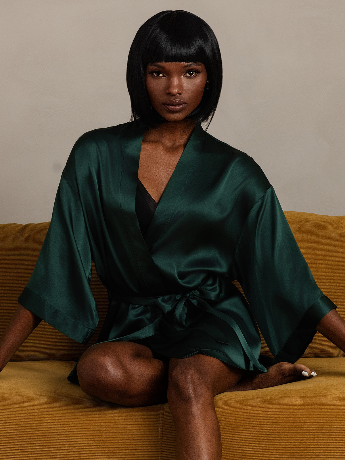 [Dark Green] SilkSilky-UK Pure Silk Half Sleeve Womens Robe 003