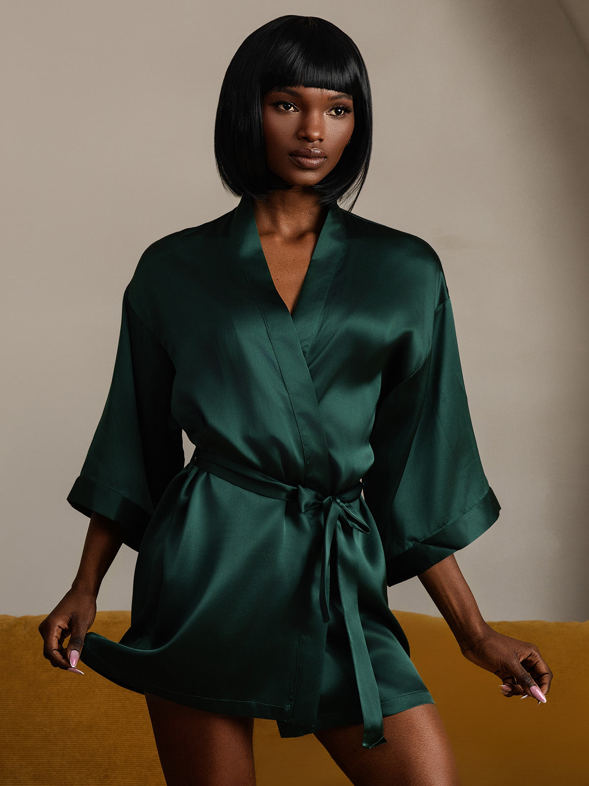 [Dark Green] SilkSilky-UK Pure Silk Half Sleeve Womens Robe 004