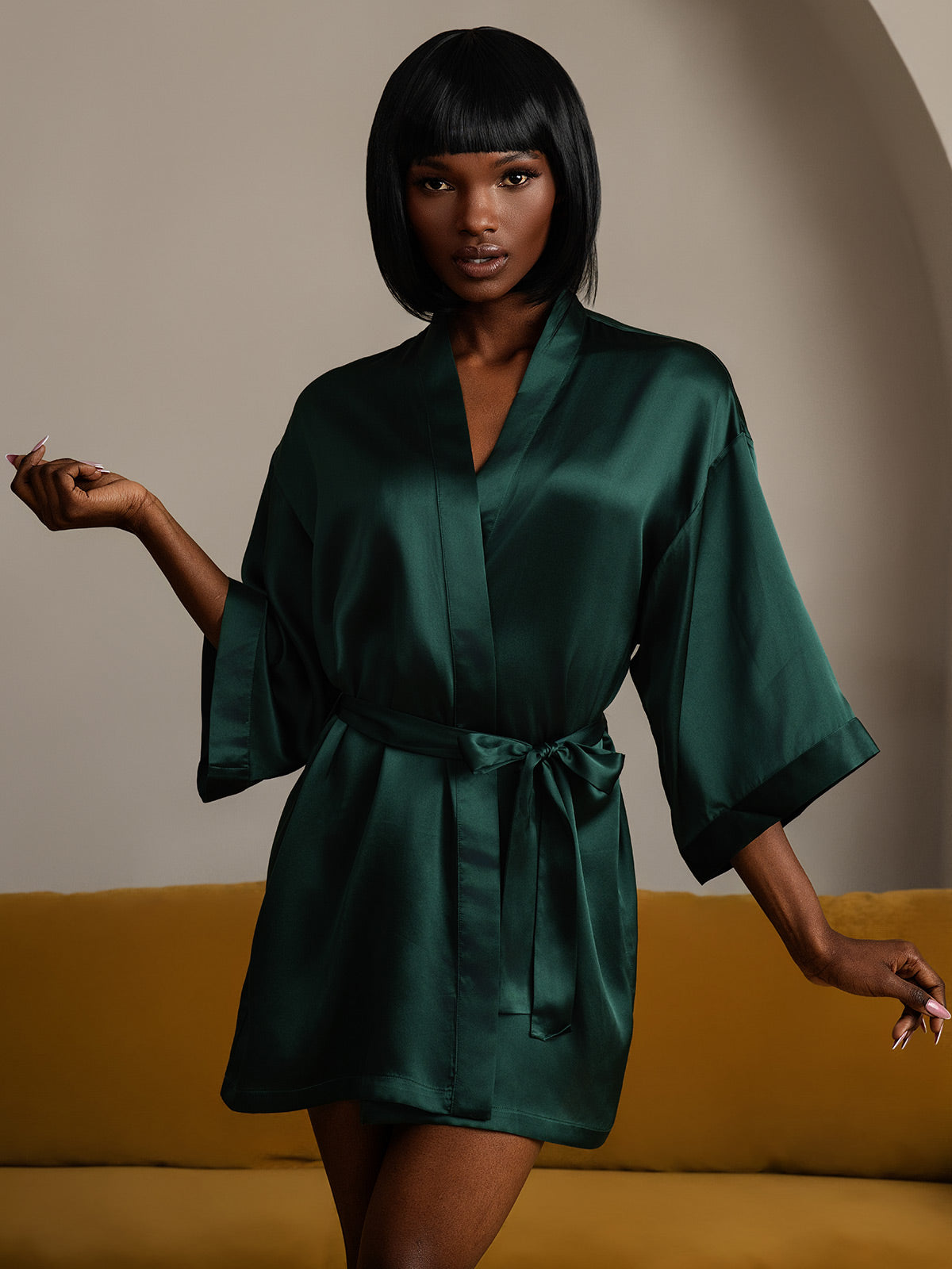 [Dark Green] SilkSilky-UK Pure Silk Half Sleeve Womens Robe 005