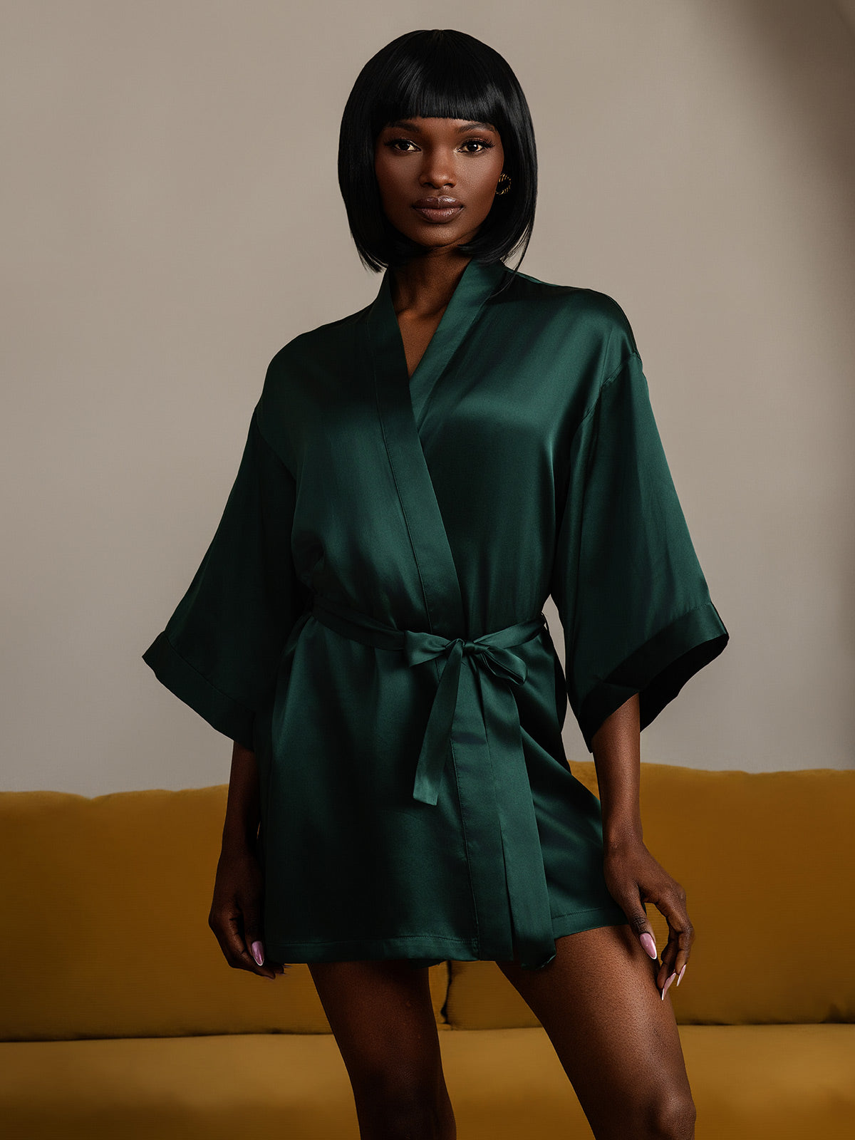 [Dark Green] SilkSilky-UK Pure Silk Half Sleeve Womens Robe 006