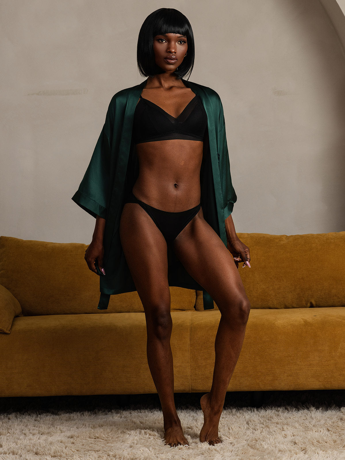 [Dark Green] SilkSilky-UK Pure Silk Half Sleeve Womens Robe 008