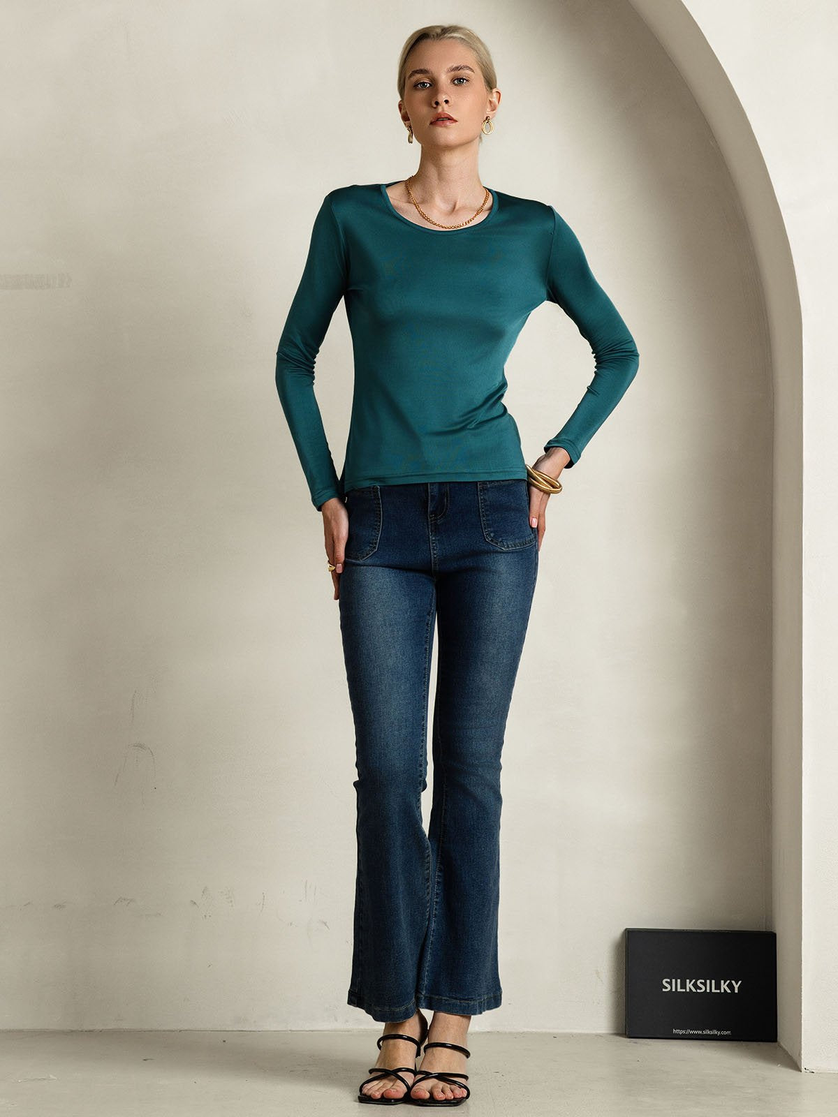 [Dark Green] SilkSilky-UK Silk Long Sleeve Round Neck Women's T-Shirt 005