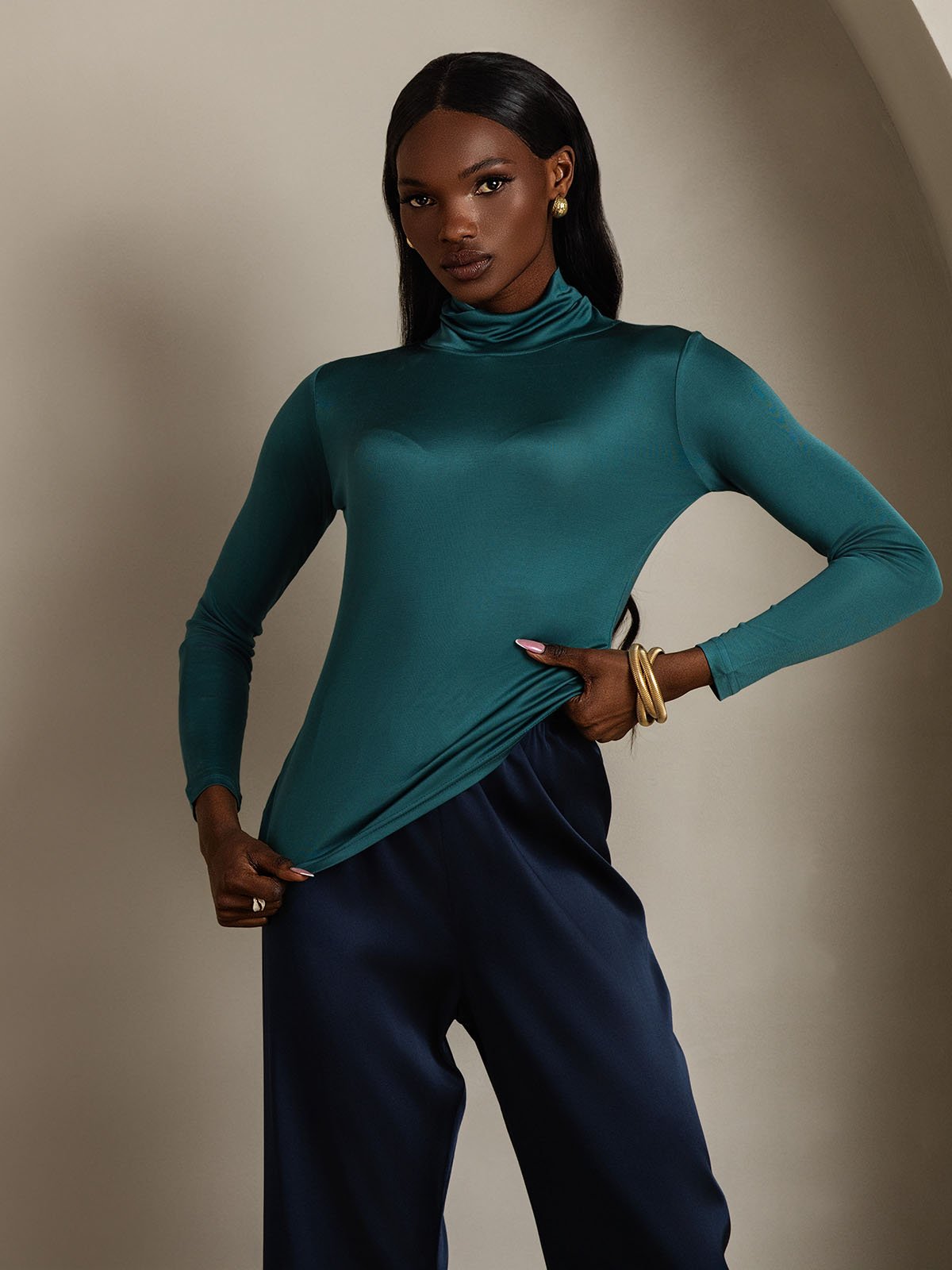 [Dark Green] SilkSilky-UK Silk Long Sleeve Womens T-Shirt 004