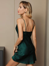 [Dark Green] SilkSilky-UK Spaghetti Strap Cowl Neck Nightdress 002