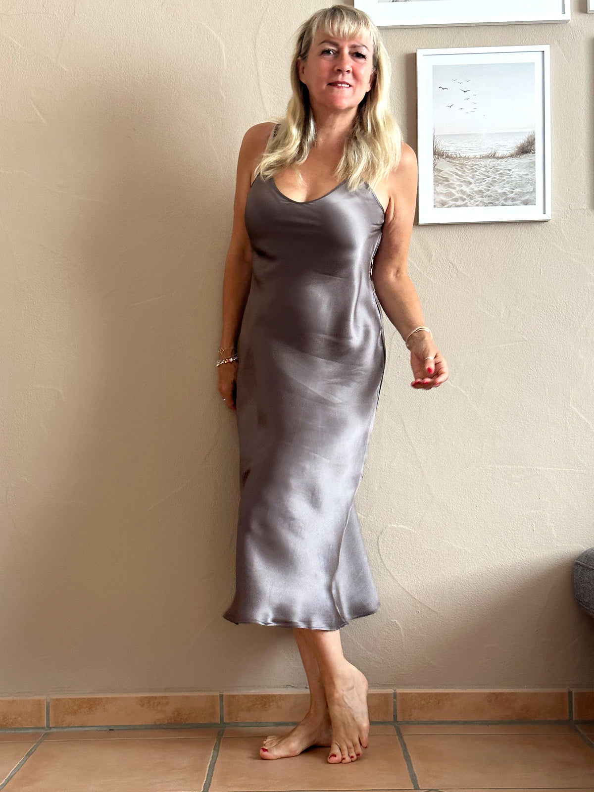 [Dark Khaki] SilkSilky-UK Pure Silk Sleeveless Boat Neck Nightdress 001