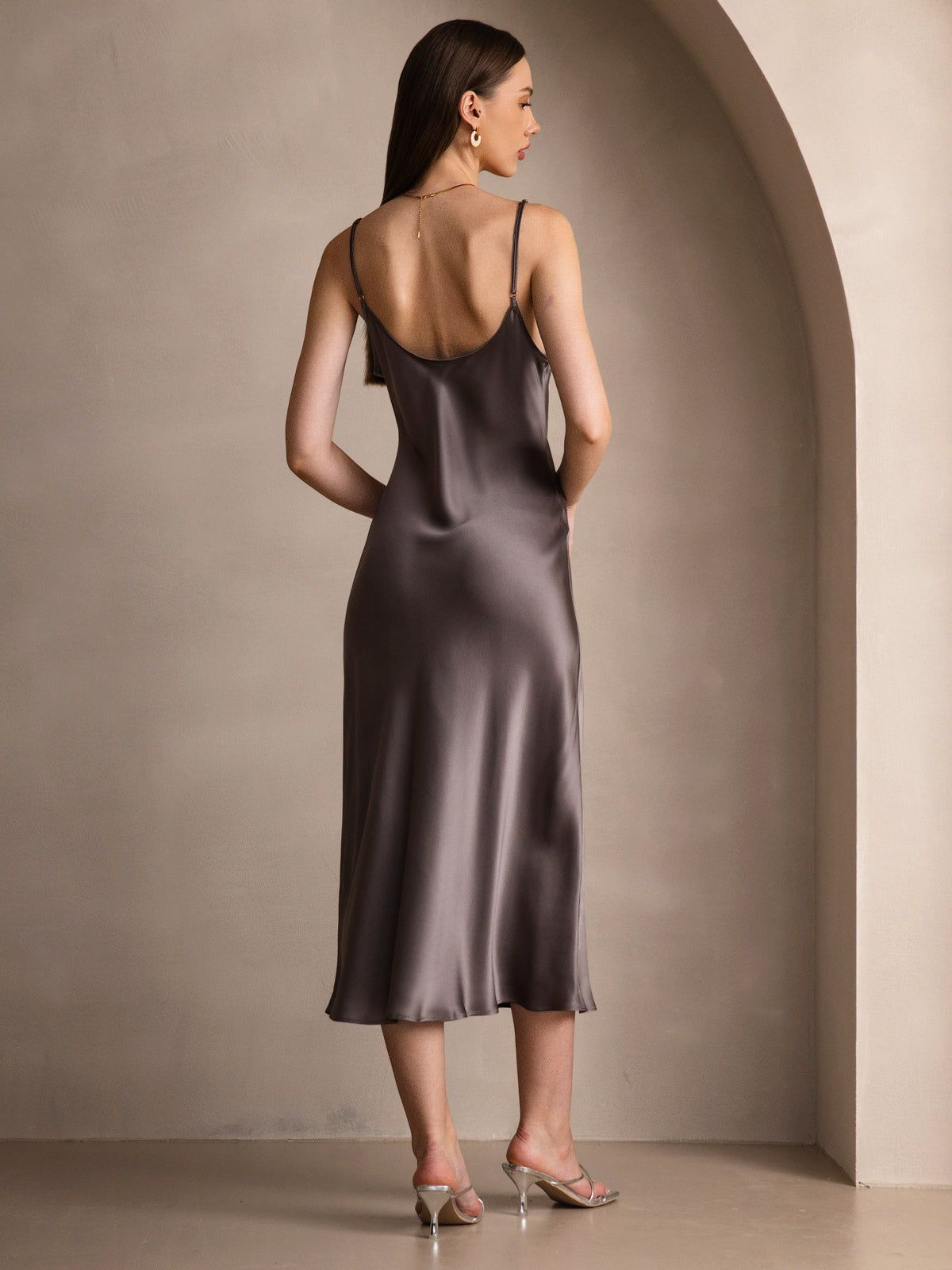 [Dark Khaki] SilkSilky-UK Pure Silk Sleeveless Round Neck Dress 002