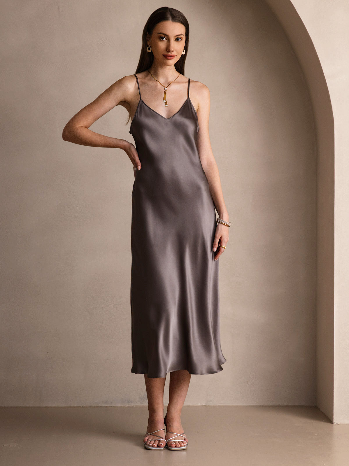 [Dark Khaki] SilkSilky-UK Pure Silk Sleeveless Round Neck Dress 003