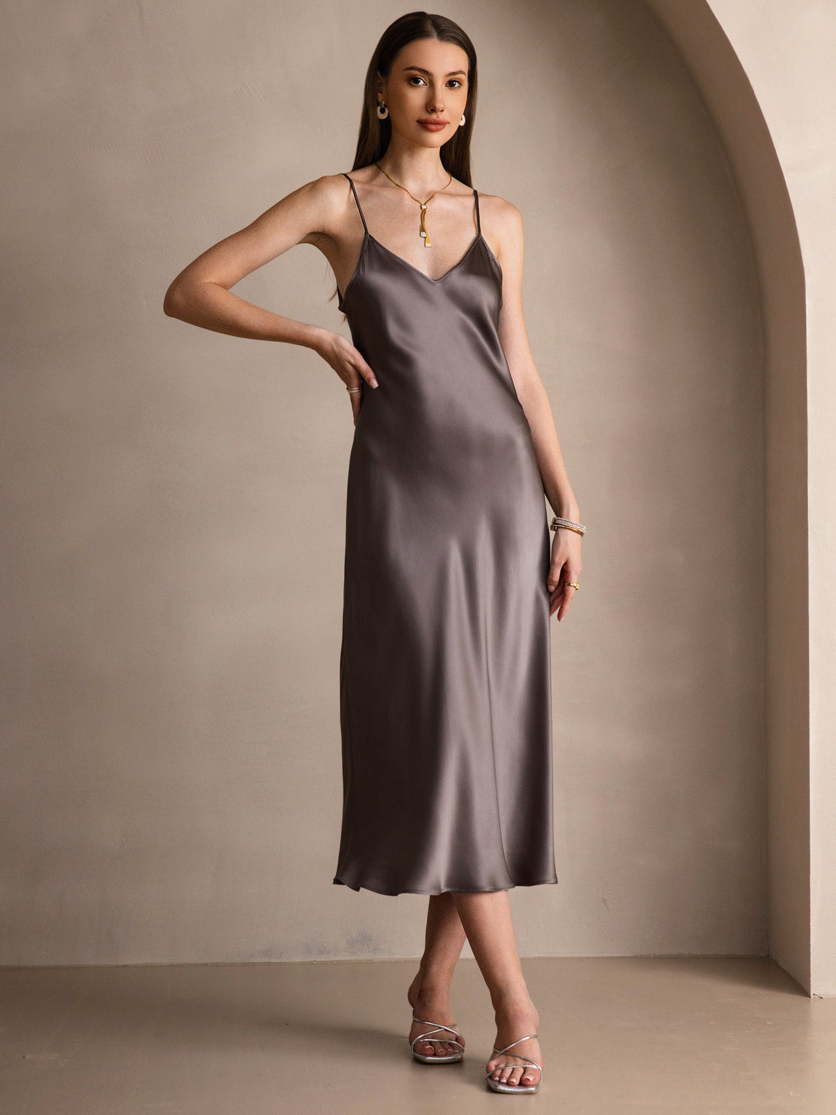 [Dark Khaki] SilkSilky-UK Pure Silk Sleeveless Round Neck Dress 005