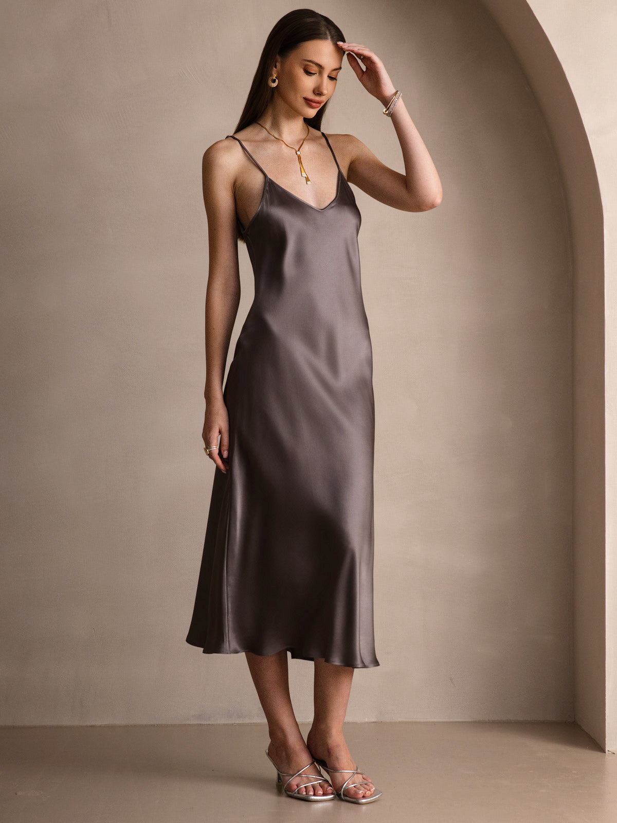 [Dark Khaki] SilkSilky-UK Pure Silk Sleeveless Round Neck Dress 007