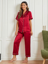 [Dark Red] SilkSilky-UK Short Sleeve Lapel Collar Women's Pyjamas 002