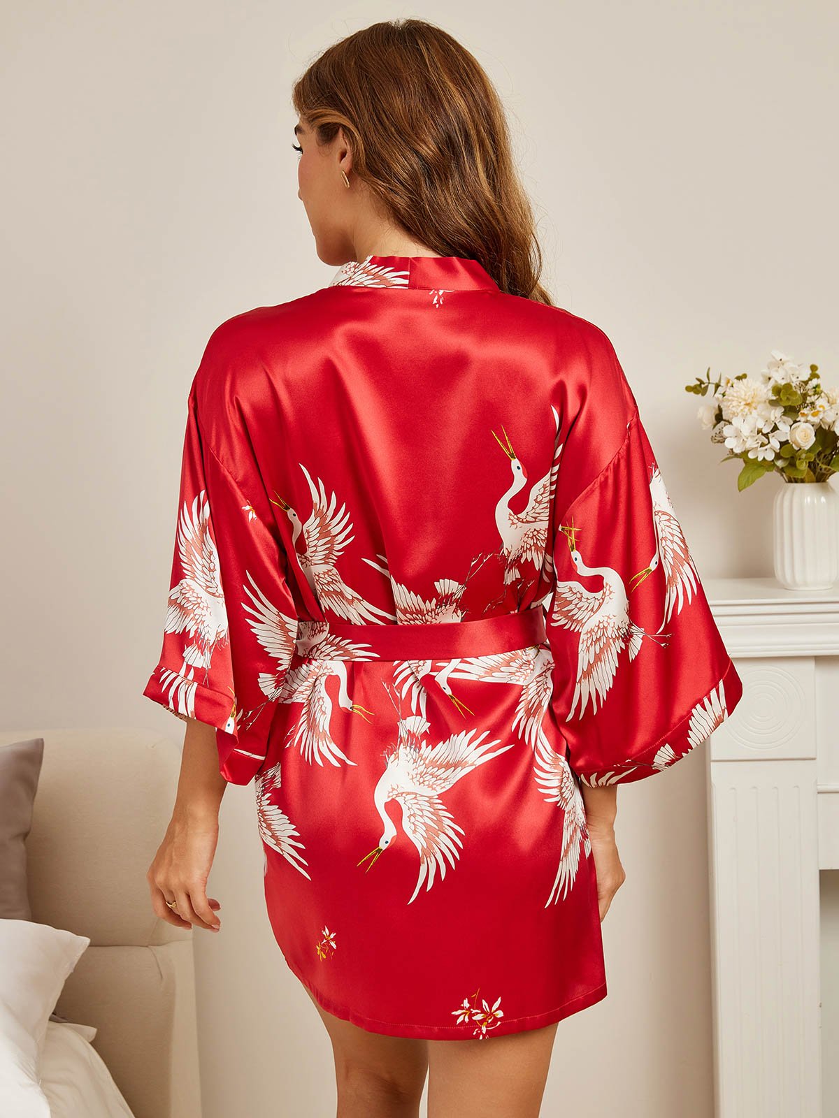 [Dark Red] SilkSilky-UK 19Momme Pure Silk 3/4 Sleeve V Neck Women's Dressing Gown 002