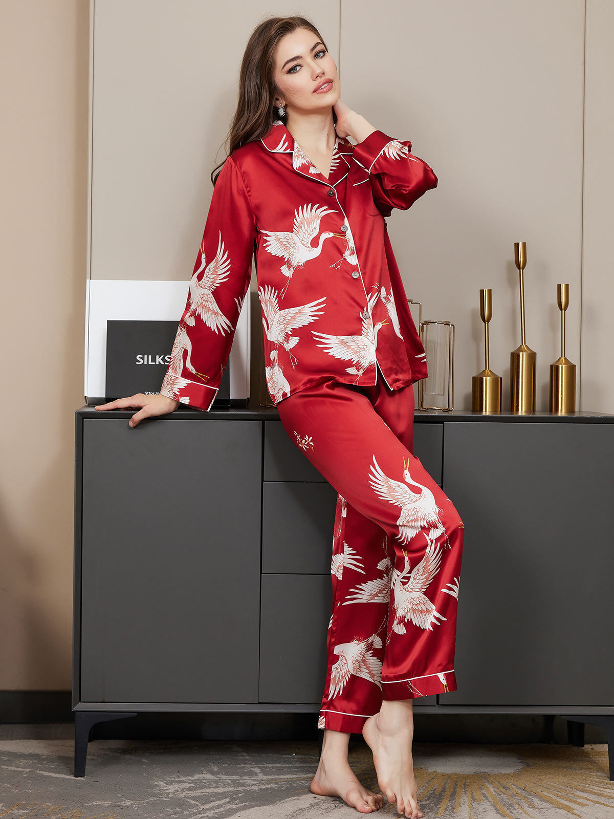 [Dark Red] SilkSilky-UK 19Momme Pure Silk Long Sleeve Lapel Women's Pyjamas 002