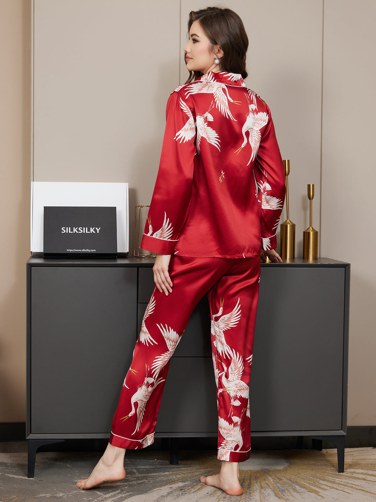 [Dark Red] SilkSilky-UK 19Momme Pure Silk Long Sleeve Lapel Women's Pyjamas 006