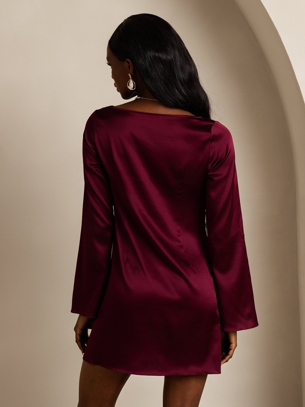 [Dark Red] SilkSilky-UK 19Momme Silk Long Sleeve Boat Neck Dress 002