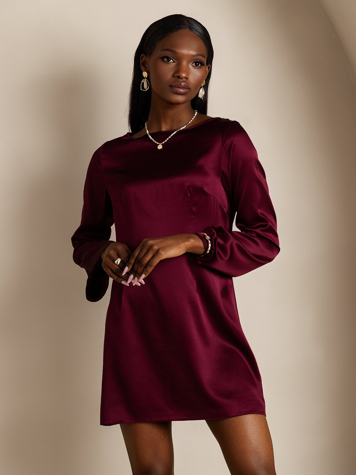 [Dark Red] SilkSilky-UK 19Momme Silk Long Sleeve Boat Neck Dress 003