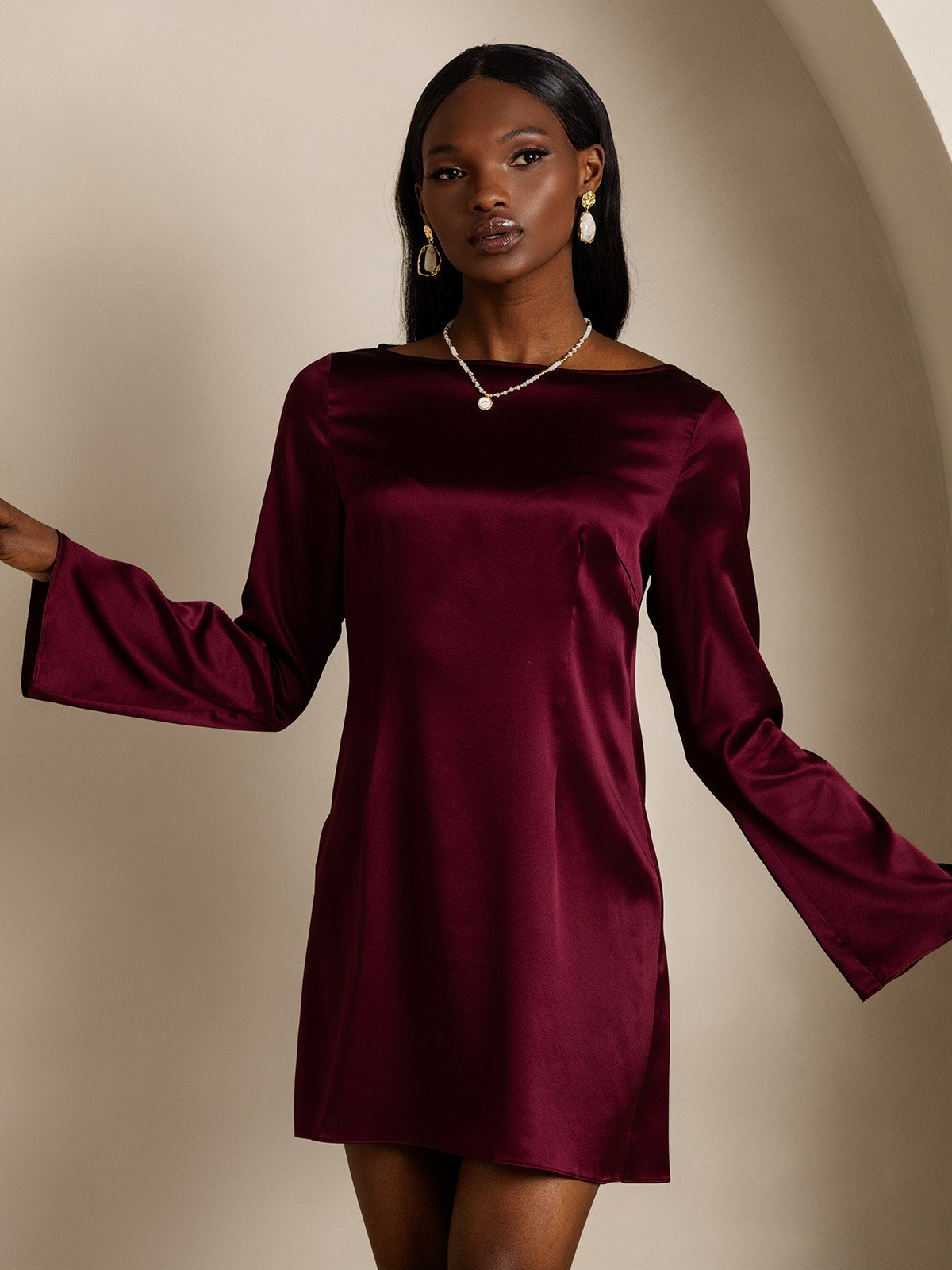 [Dark Red] SilkSilky-UK 19Momme Silk Long Sleeve Boat Neck Dress 004