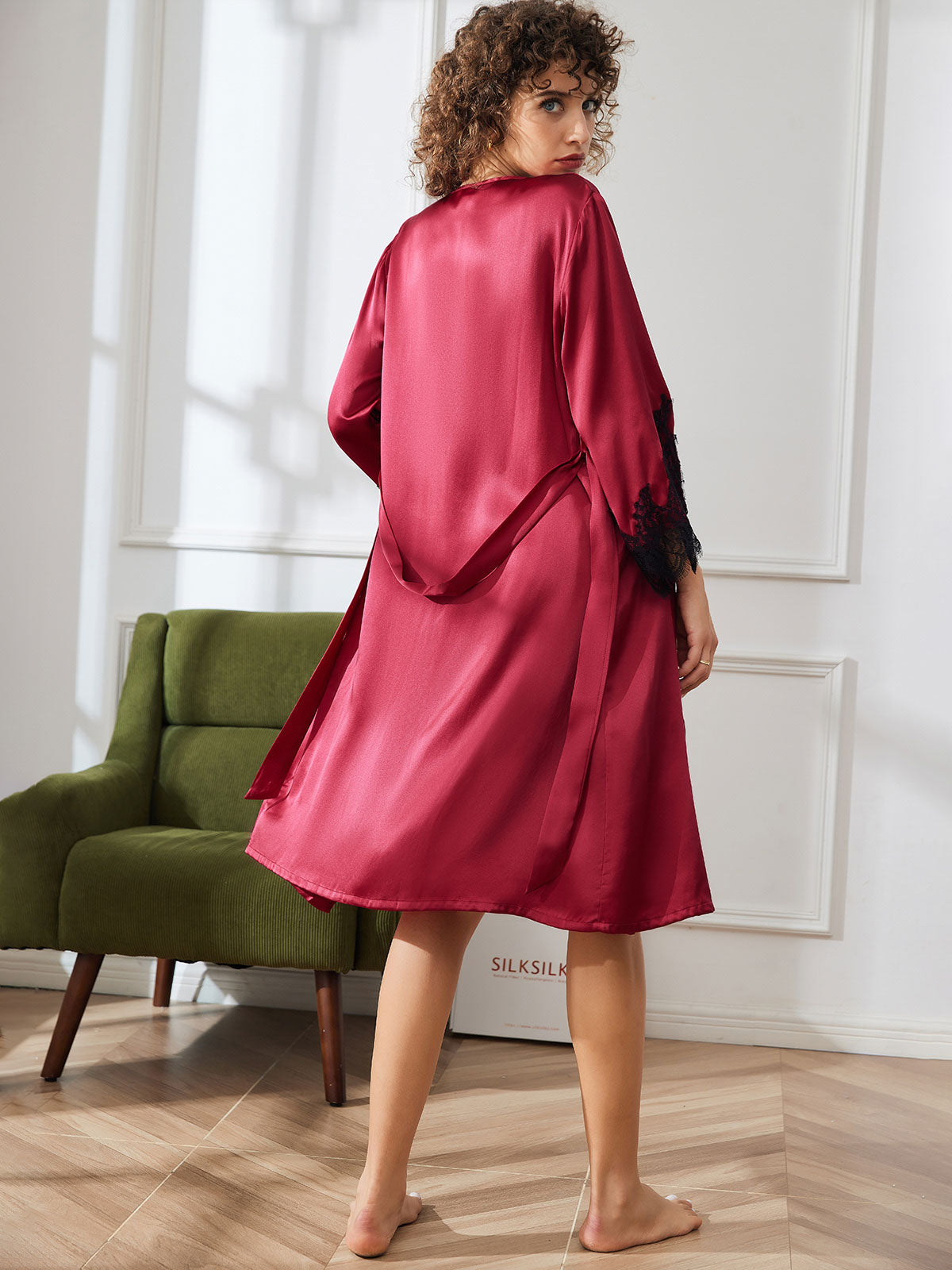 [Dark Red] SilkSilky-UK Pure Silk 3/4 Sleeve Nightgown&Robe Set 002