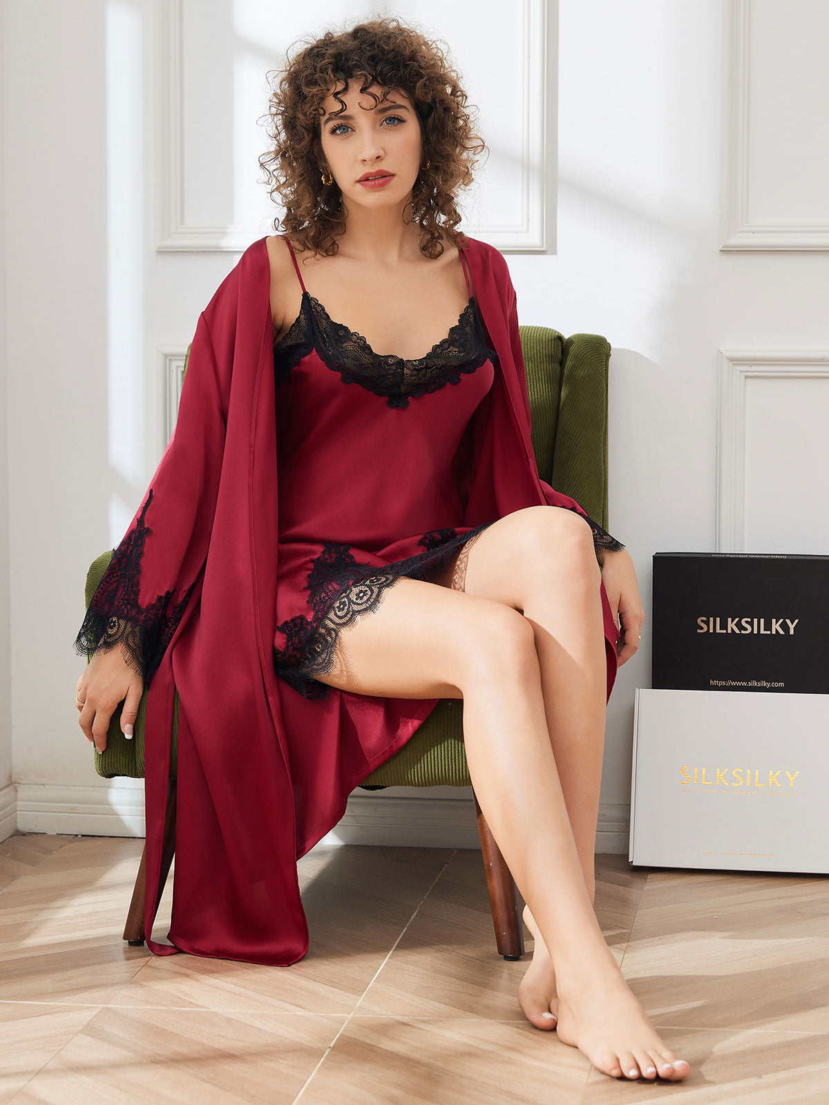[Dark Red] SilkSilky-UK Pure Silk 3/4 Sleeve Nightgown&Robe Set 003