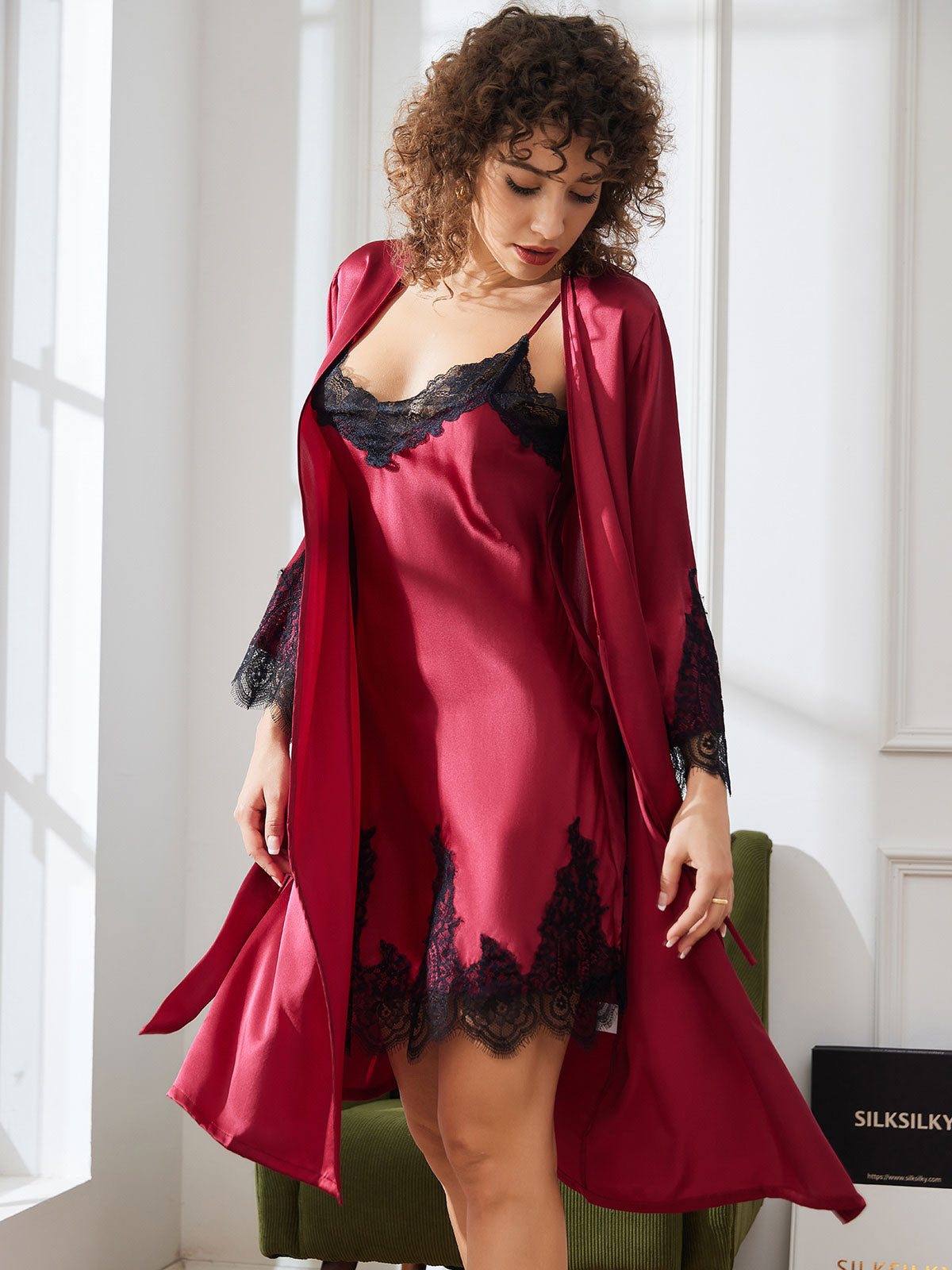 [Dark Red] SilkSilky-UK Pure Silk 3/4 Sleeve Nightgown&Robe Set 004