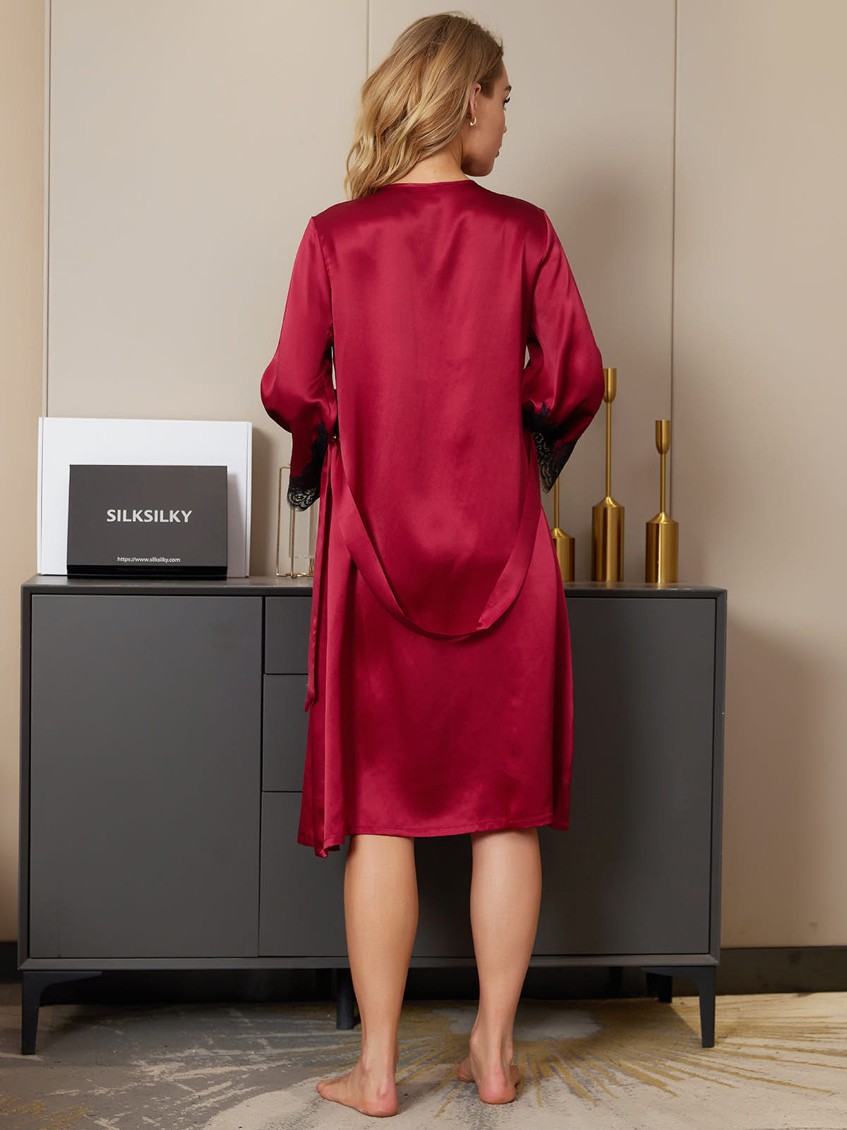 [Dark Red] SilkSilky-UK Pure Silk 3/4 Sleeve Womens Robe 002