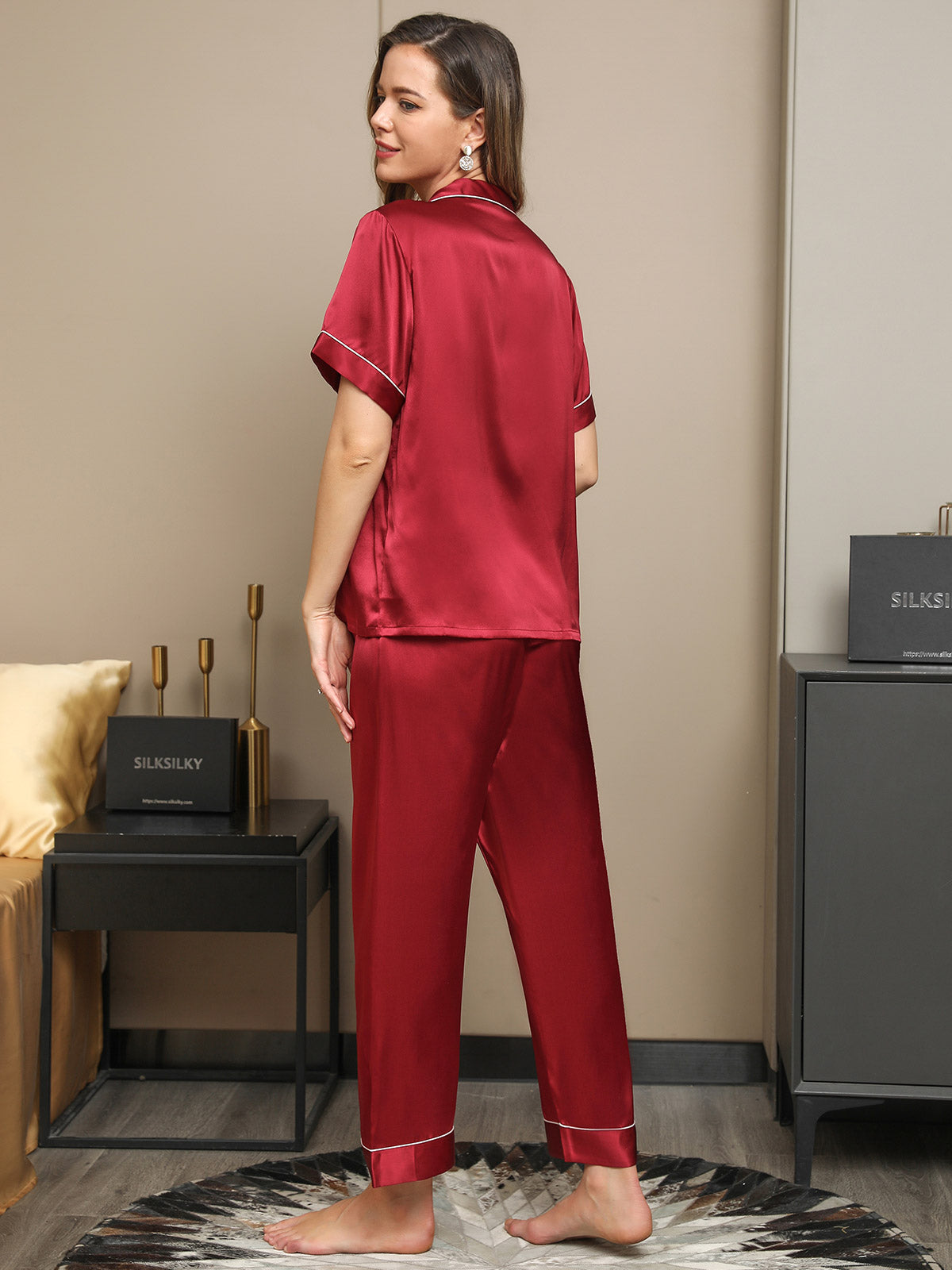 [Dark Red] SilkSilky-UK Pure Silk Short Sleeve Lapel Women's Pyjamas 002