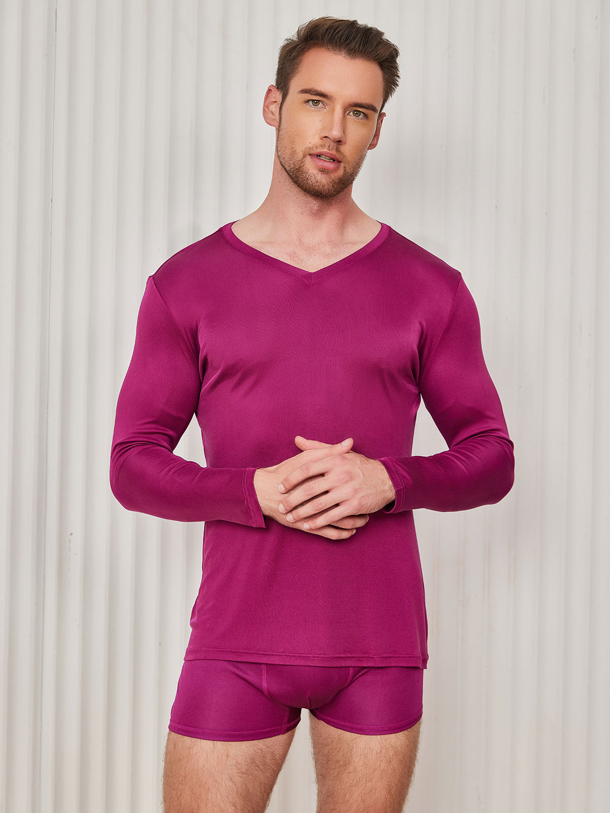 [Dark Red] SilkSilky-UK Silk Knitted Long Sleeve V Neck Men's T-Shirt 001