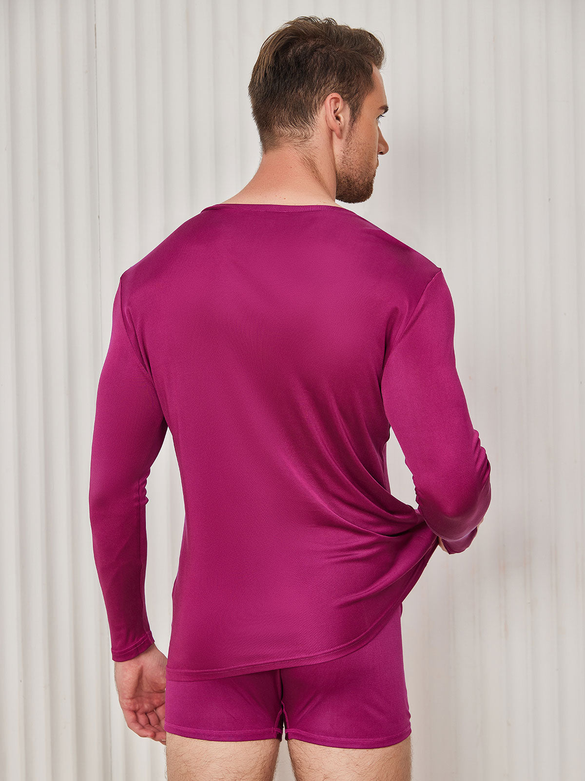 [Dark Red] SilkSilky-UK Silk Knitted Long Sleeve V Neck Men's T-Shirt 002