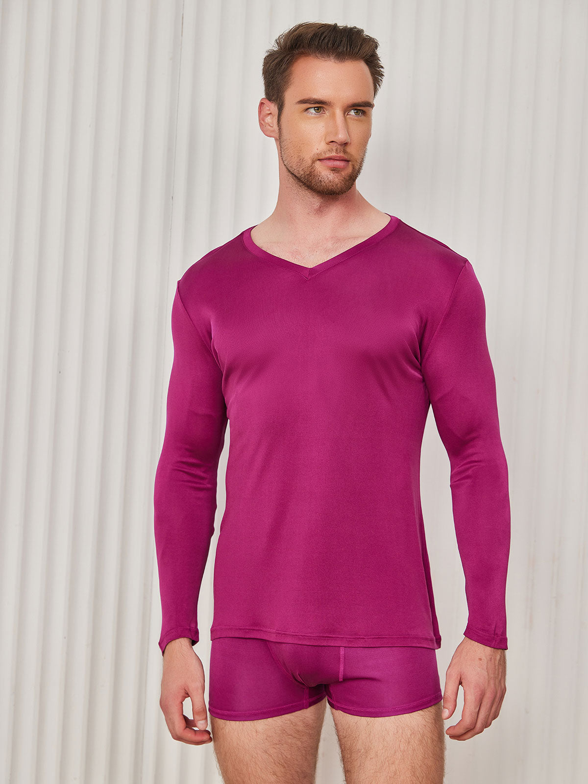 [Dark Red] SilkSilky-UK Silk Knitted Long Sleeve V Neck Men's T-Shirt 003