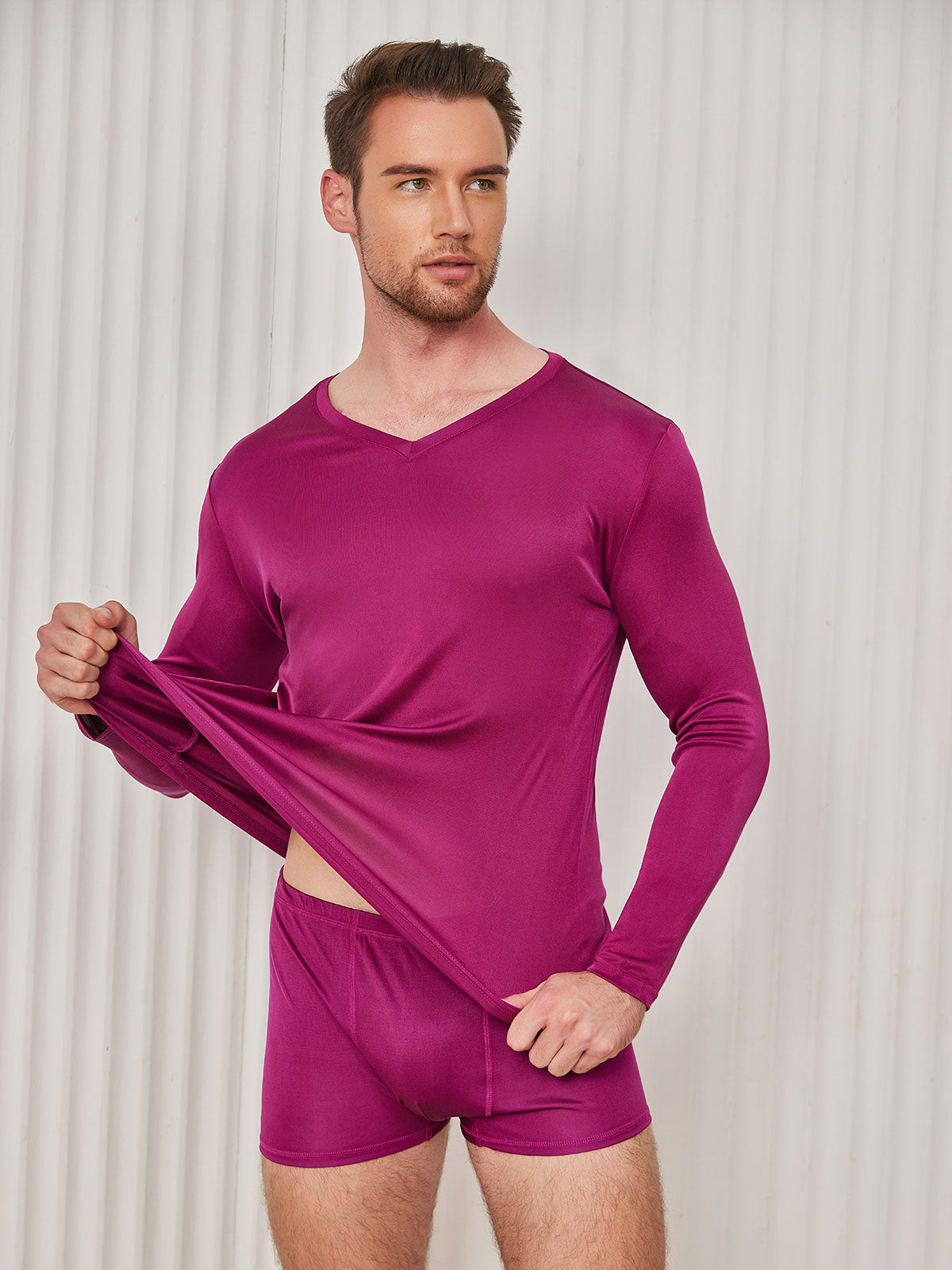 [Dark Red] SilkSilky-UK Silk Knitted Long Sleeve V Neck Men's T-Shirt 004