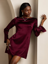 [Dark Red] SilkSilky-UK 19Momme Long Sleeve Boat Neck Dress 001