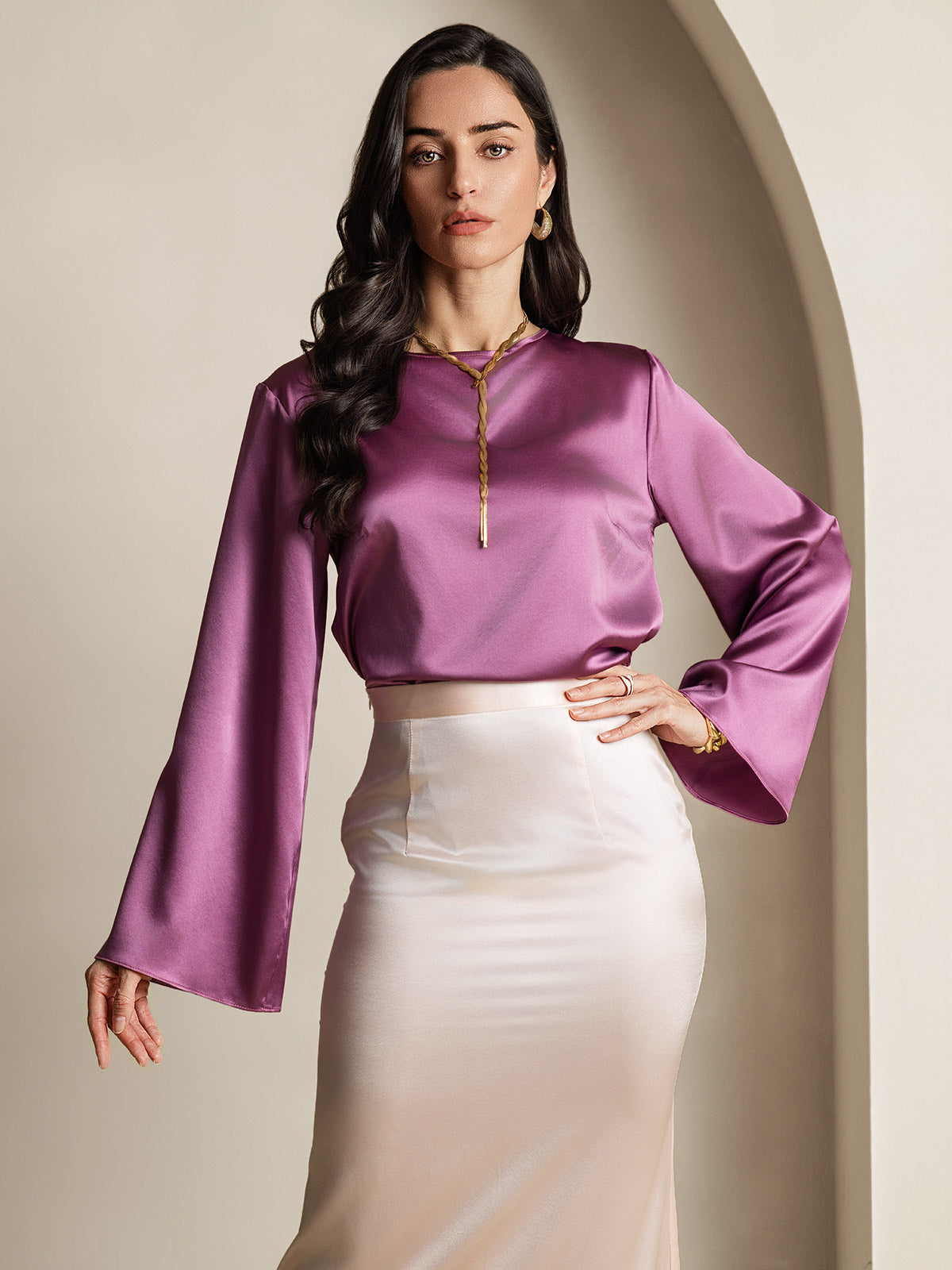 [Deep Purple] SilkSilky-UK 19Momme Silk Long Sleeve Round Neck Women's T-Shirt 001