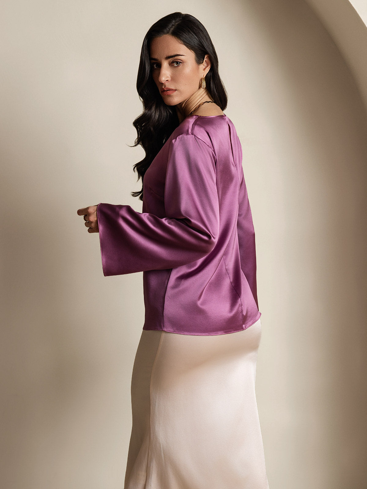 [Deep Purple] SilkSilky-UK 19Momme Silk Long Sleeve Round Neck Women's T-Shirt 002