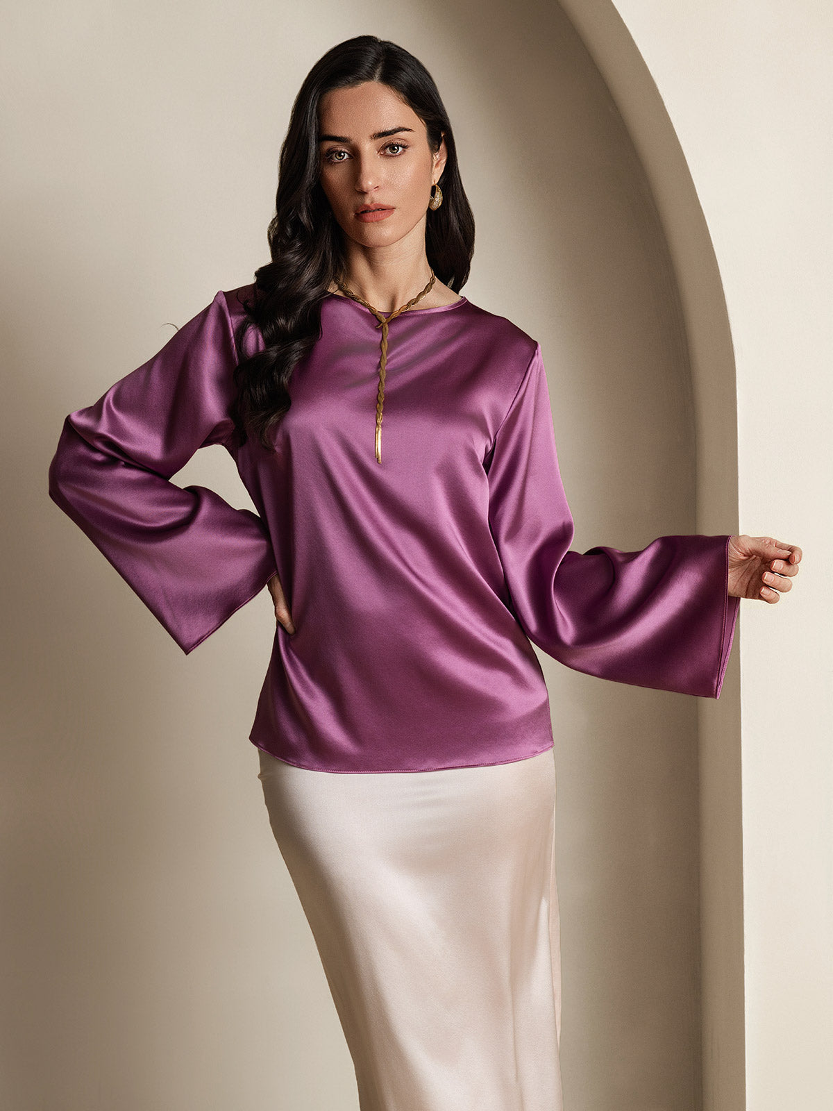 [Deep Purple] SilkSilky-UK 19Momme Silk Long Sleeve Round Neck Women's T-Shirt 003