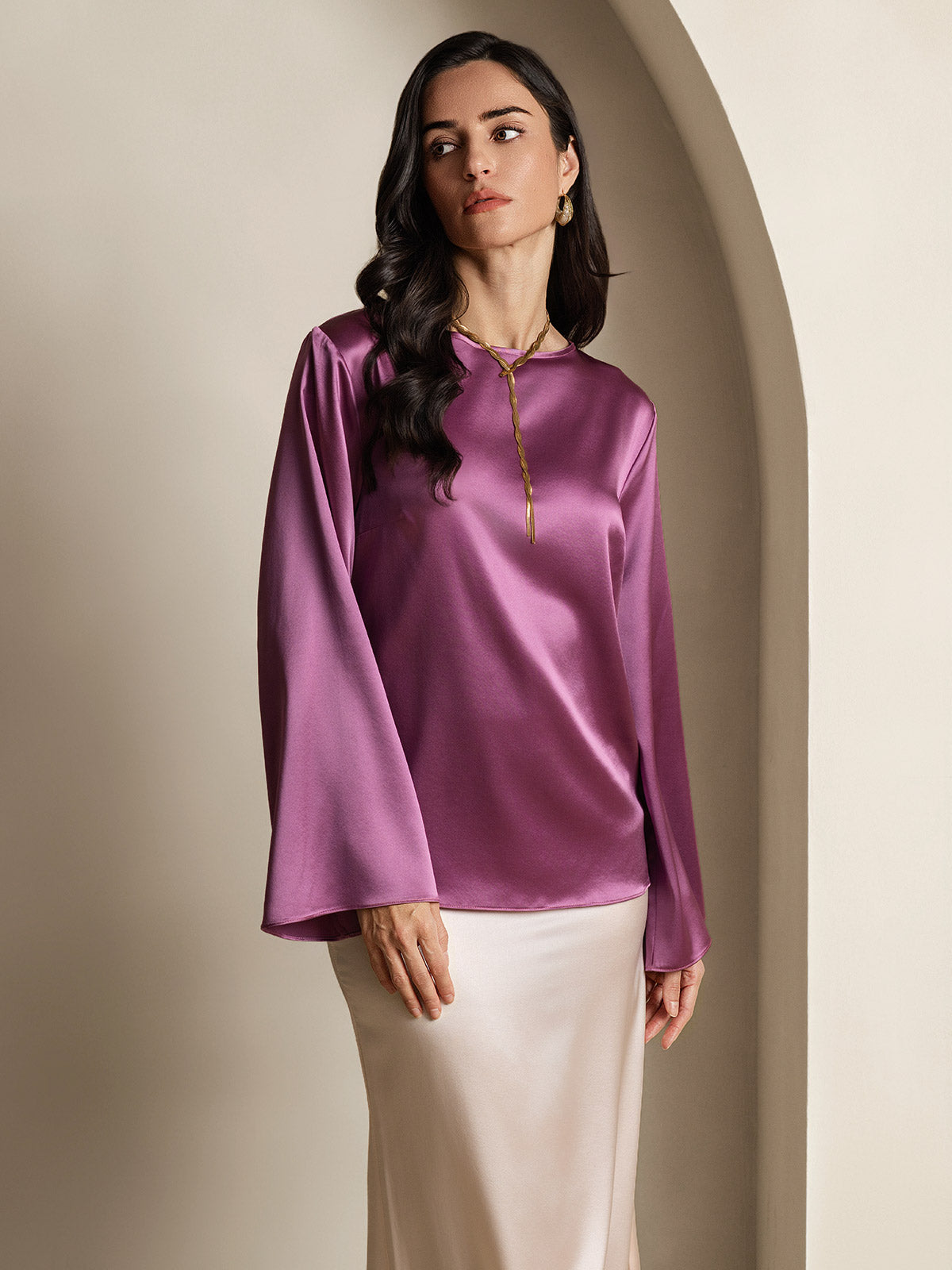 [Deep Purple] SilkSilky-UK 19Momme Silk Long Sleeve Round Neck Women's T-Shirt 005