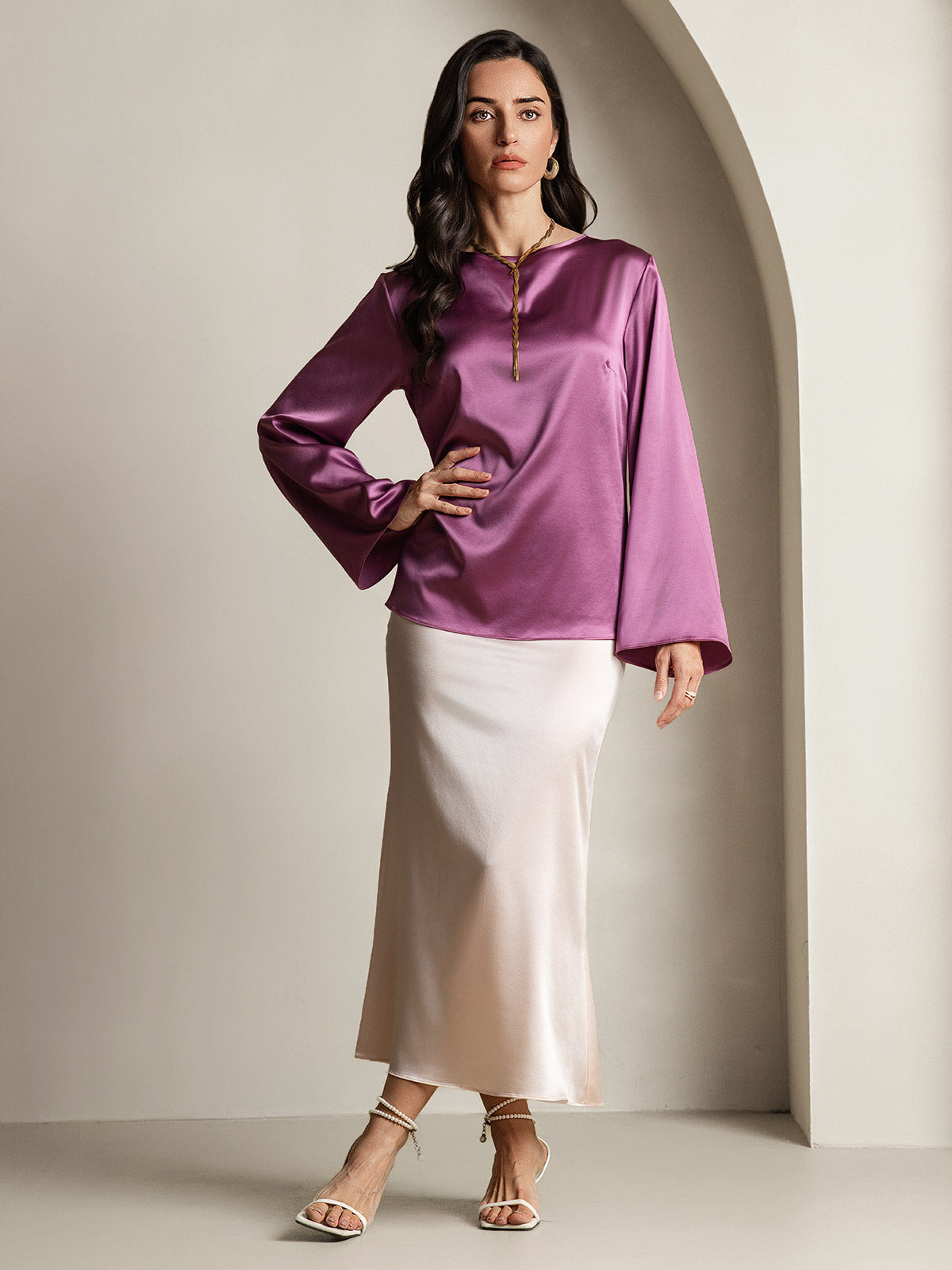 [Deep Purple] SilkSilky-UK 19Momme Silk Long Sleeve Round Neck Women's T-Shirt 006