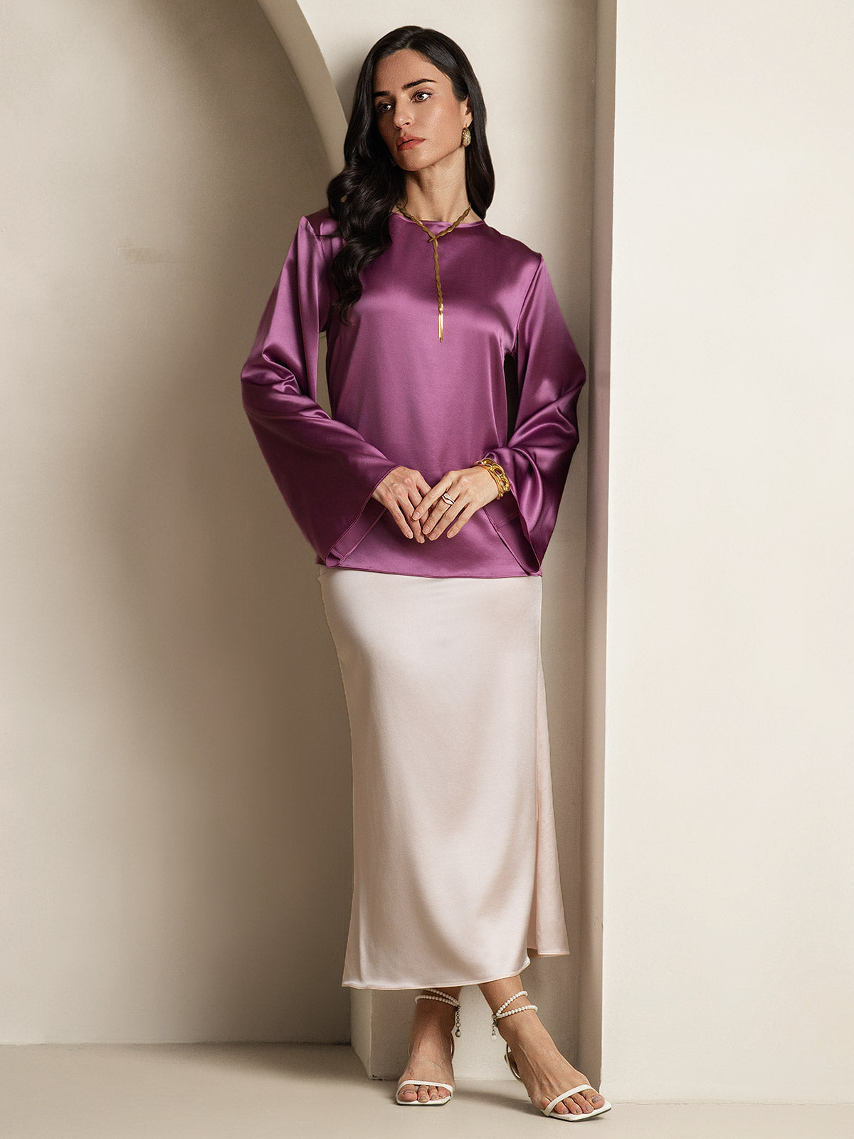 [Deep Purple] SilkSilky-UK 19Momme Silk Long Sleeve Round Neck Women's T-Shirt 007