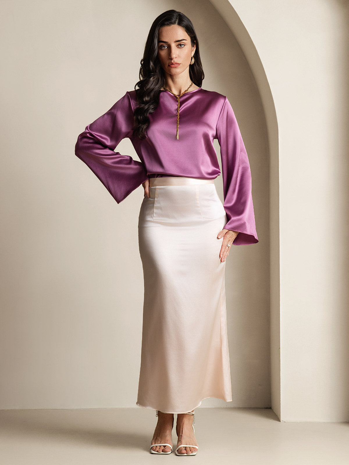 [Deep Purple] SilkSilky-UK 19Momme Silk Long Sleeve Round Neck Women's T-Shirt 008