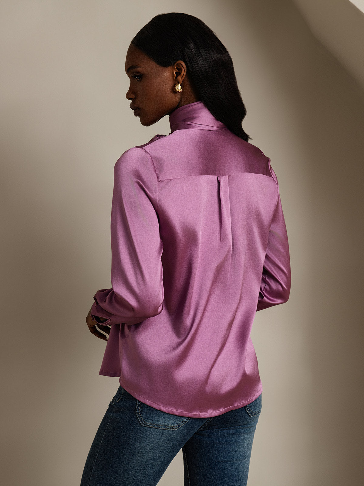 [Deep Purple] SilkSilky-UK 19Momme Silk Long Sleeve Tie Neck Women's Shirt 002