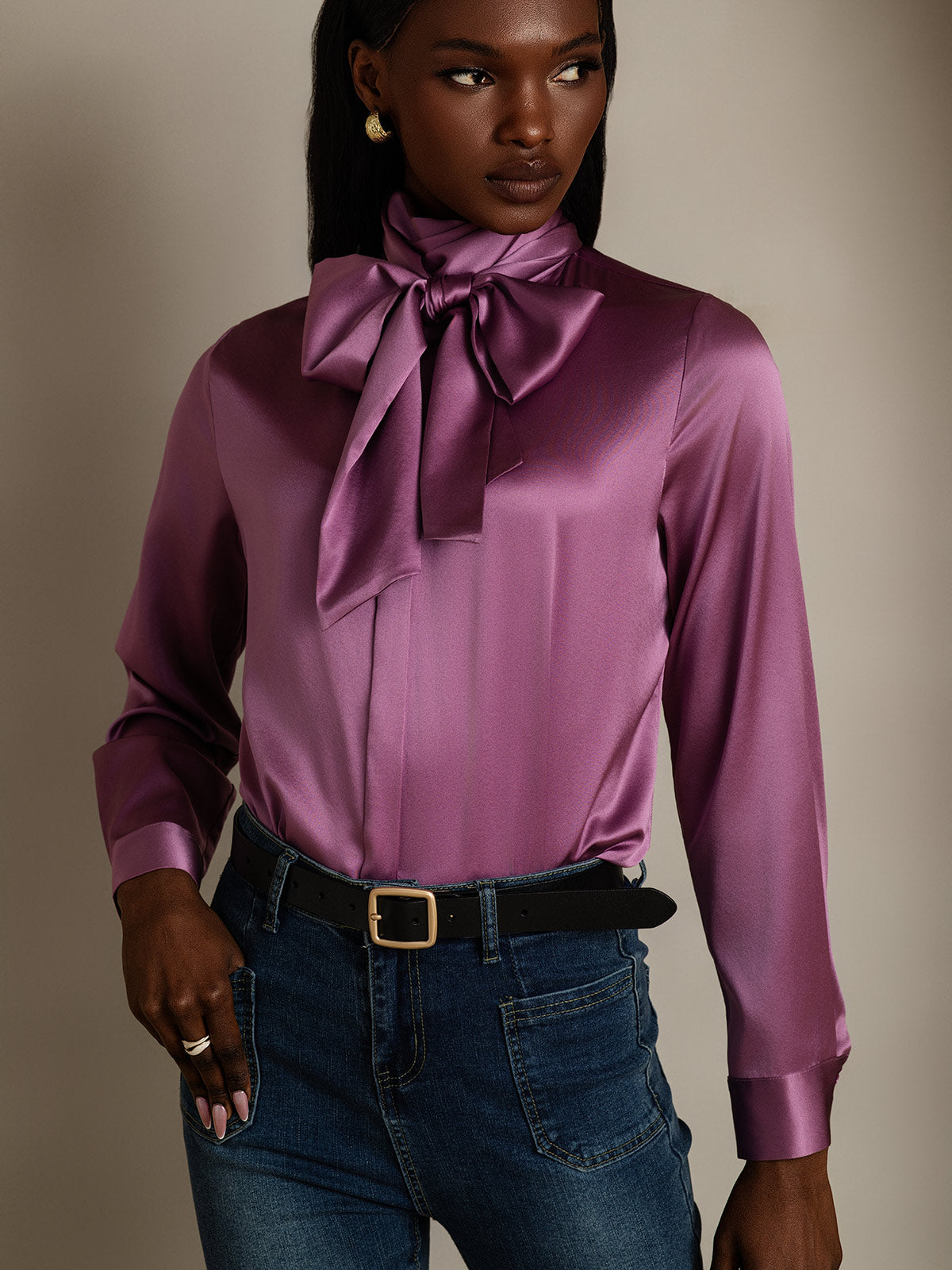 [Deep Purple] SilkSilky-UK 19Momme Silk Long Sleeve Tie Neck Women's Shirt 003