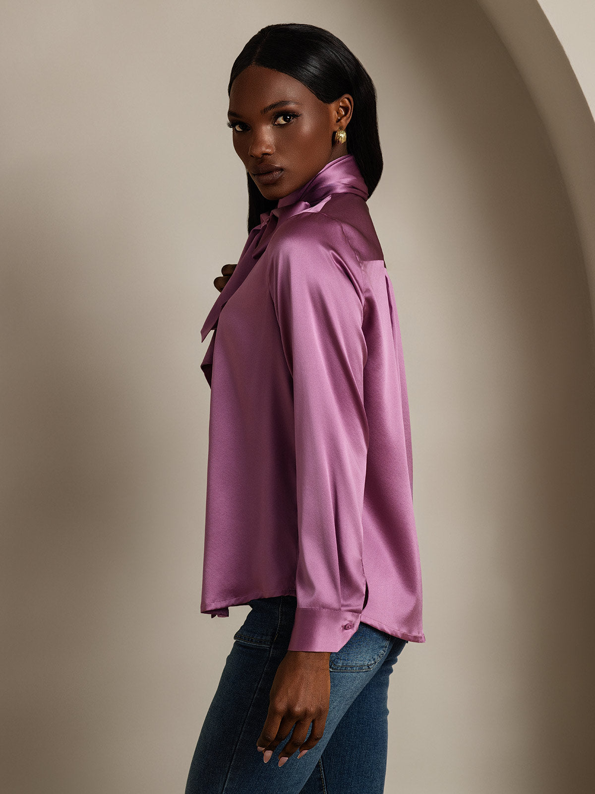 [Deep Purple] SilkSilky-UK 19Momme Silk Long Sleeve Tie Neck Women's Shirt 004