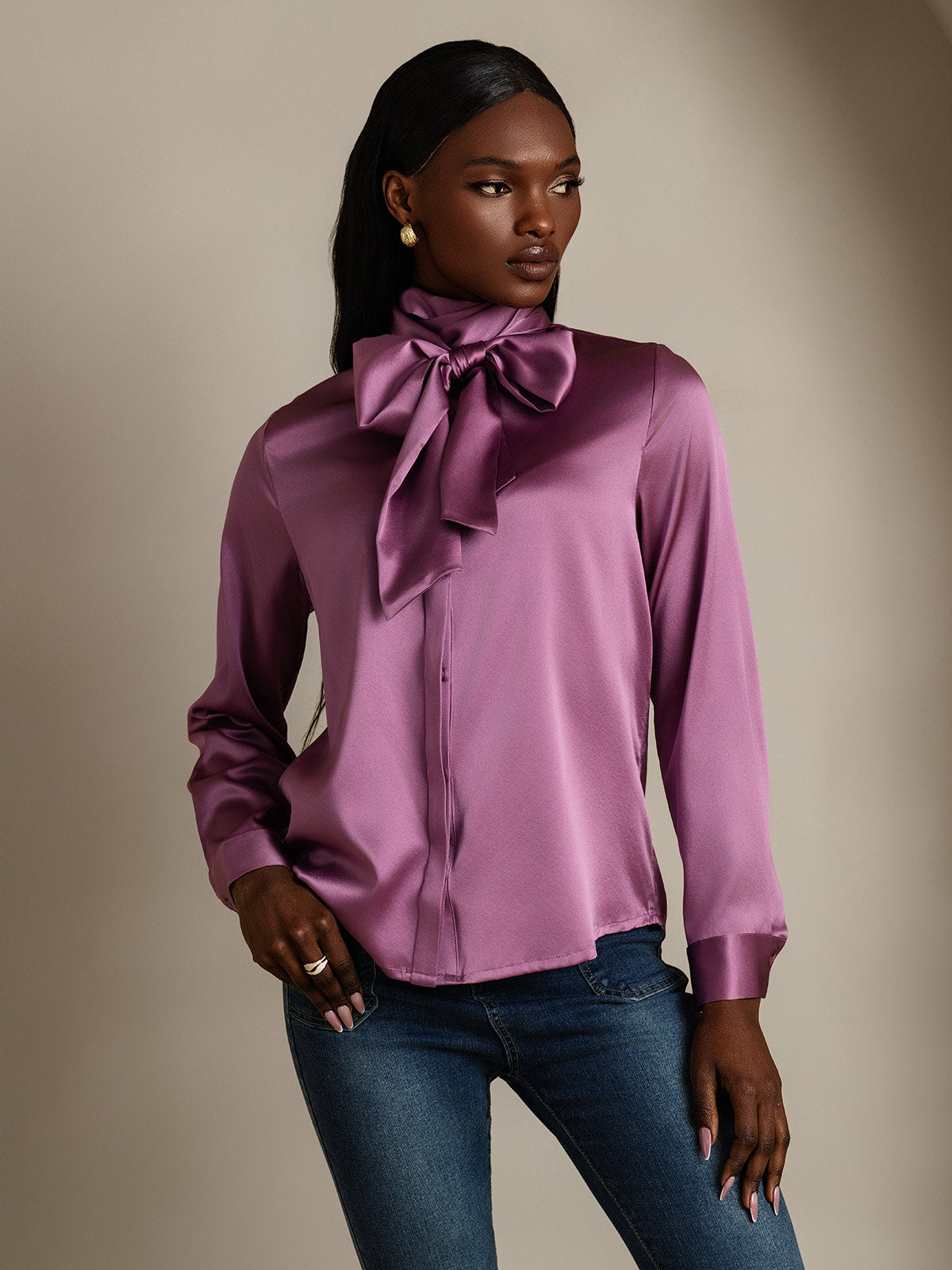 [Deep Purple] SilkSilky-UK 19Momme Silk Long Sleeve Tie Neck Women's Shirt 006