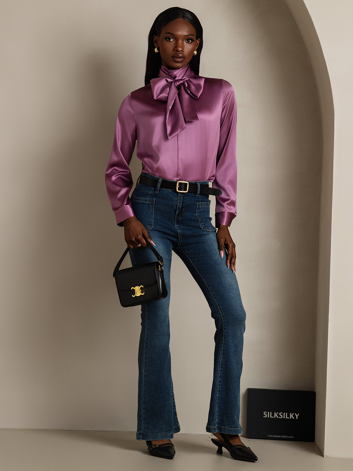 [Deep Purple] SilkSilky-UK 19Momme Silk Long Sleeve Tie Neck Women's Shirt 007