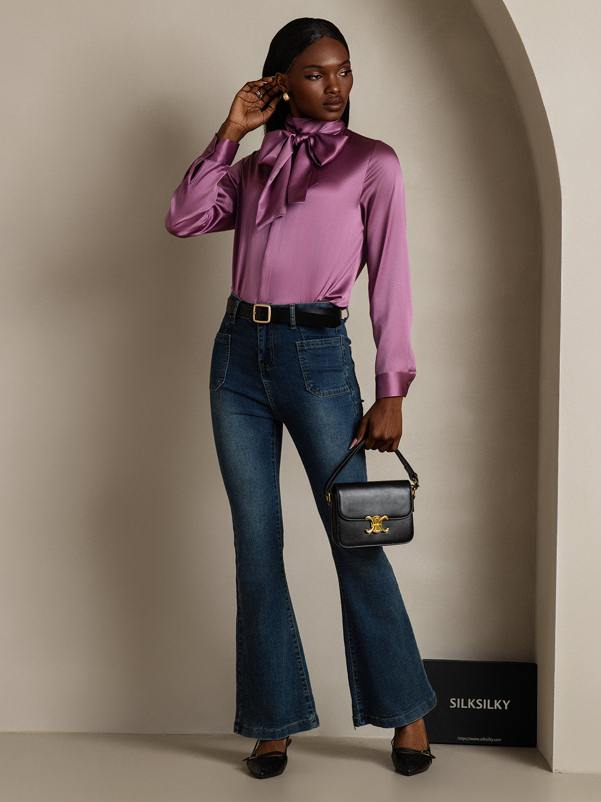 [Deep Purple] SilkSilky-UK 19Momme Silk Long Sleeve Tie Neck Women's Shirt 008