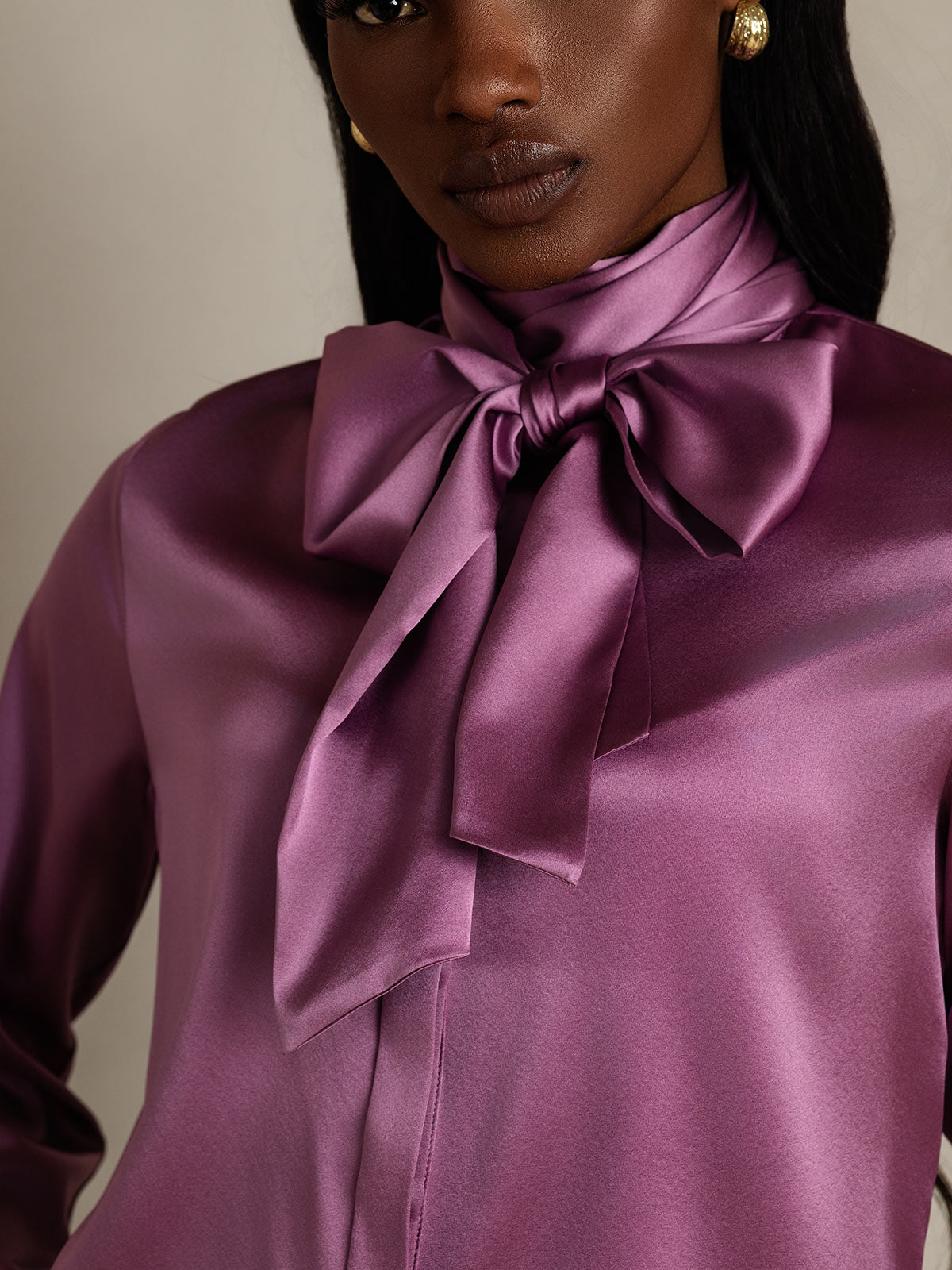 [Deep Purple] SilkSilky-UK 19Momme Silk Long Sleeve Tie Neck Women's Shirt 009