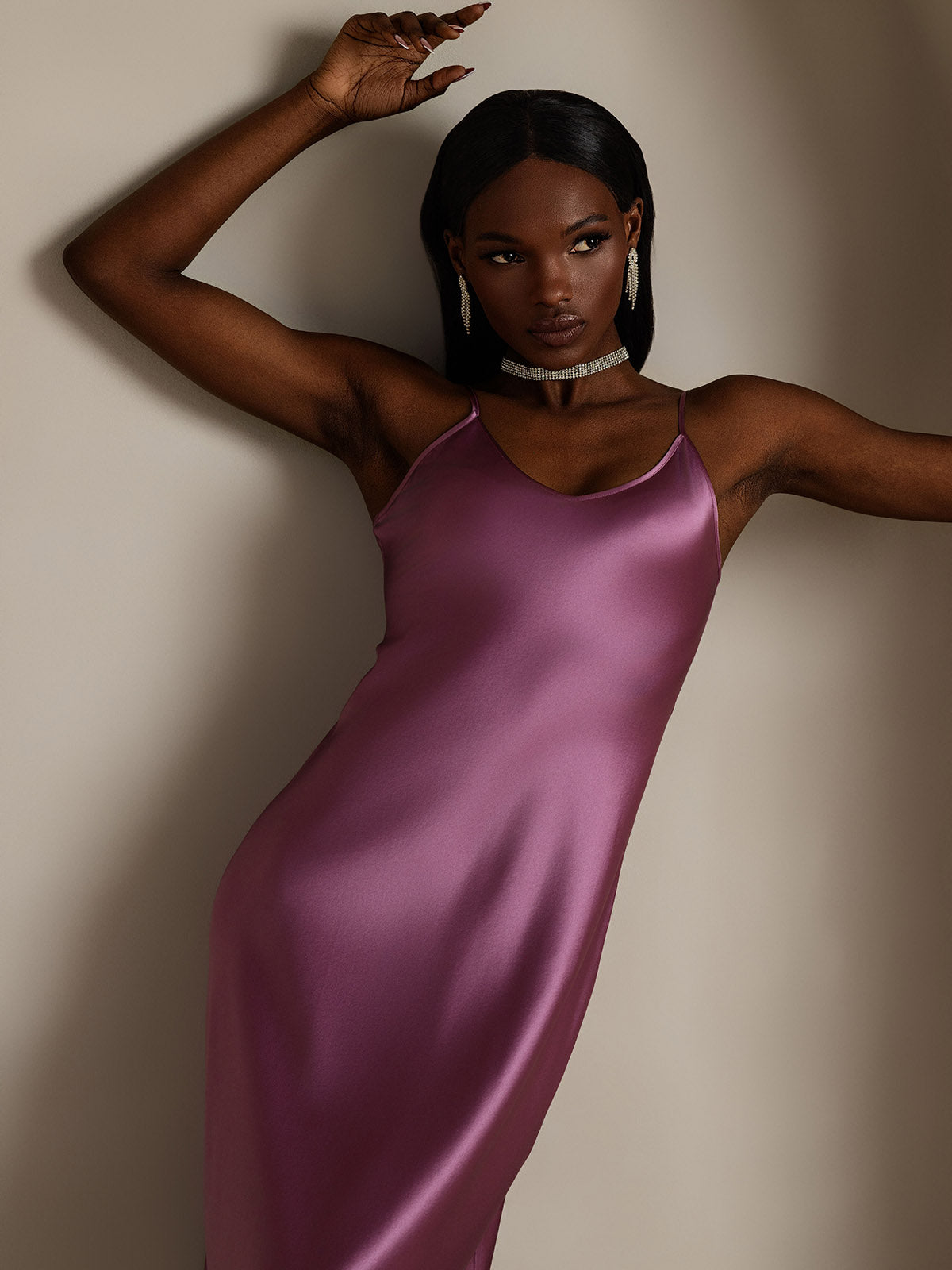 [Deep Purple] SilkSilky-UK Pure Silk Sleeveless Round Neck Nightdress 003