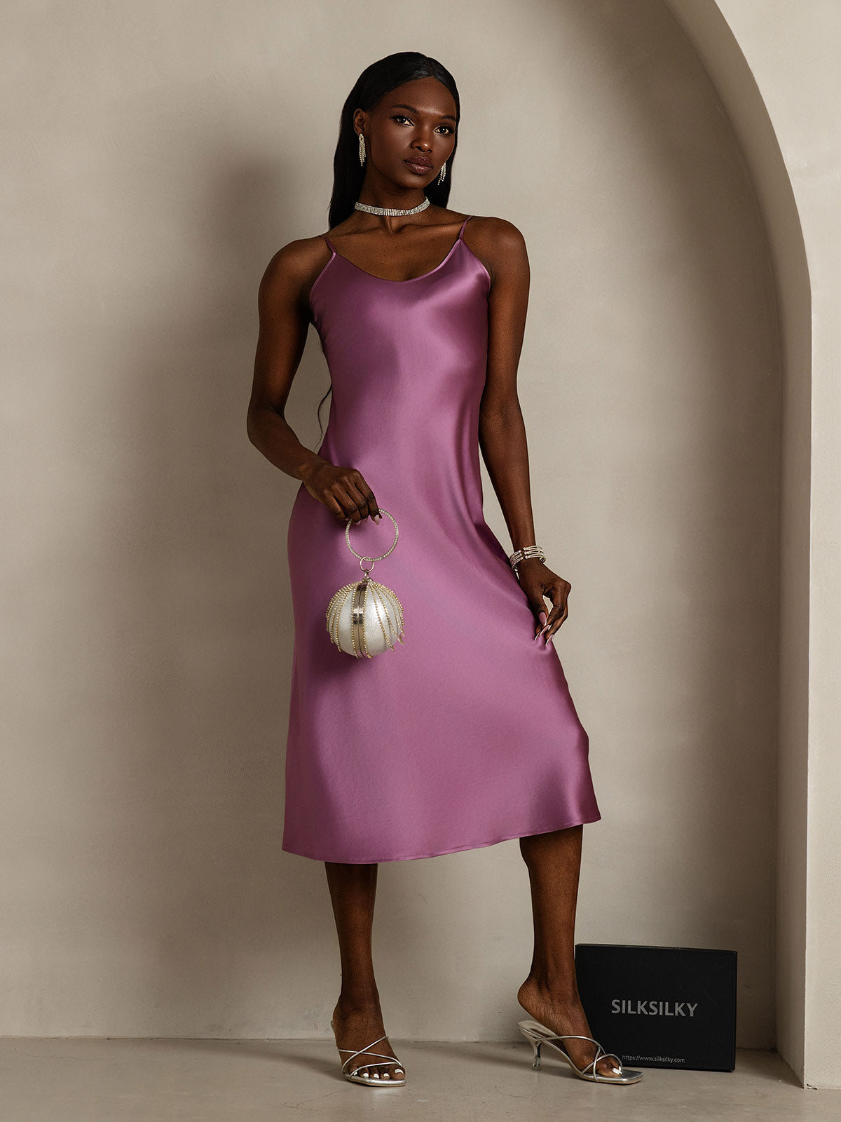 [Deep Purple] SilkSilky-UK Pure Silk Sleeveless Round Neck Nightdress 008